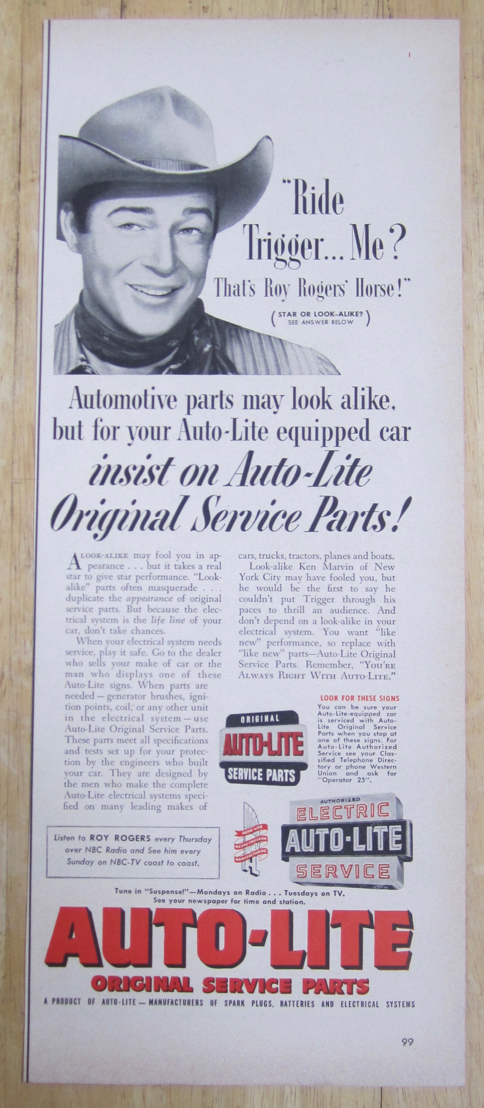 1953 Auto Lite Service Parts with Cowboy Roy Rogers