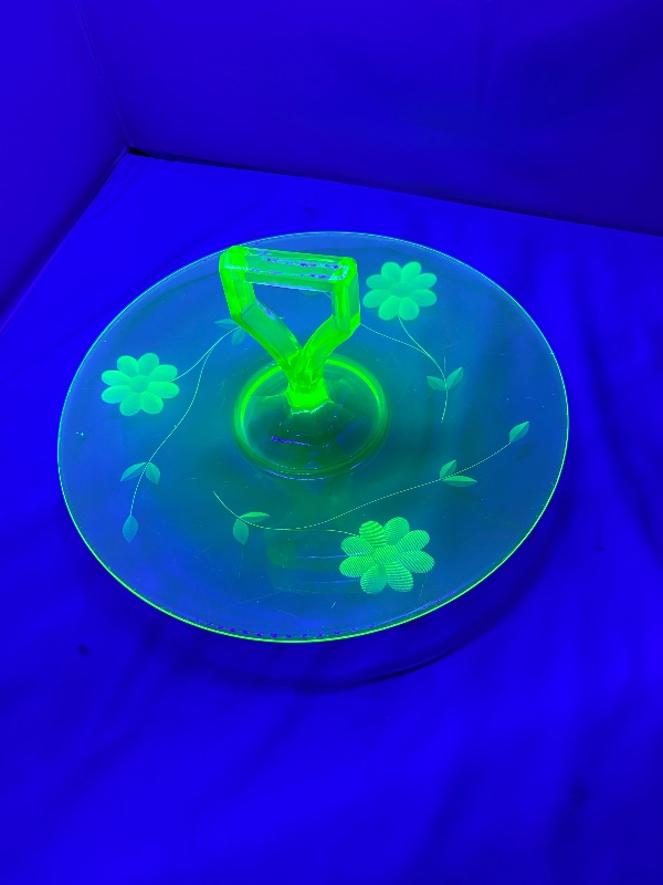 Uranium Green Floral Etched Tidbit Tray with Stylized Handle 10 1/4" Circa 1930s