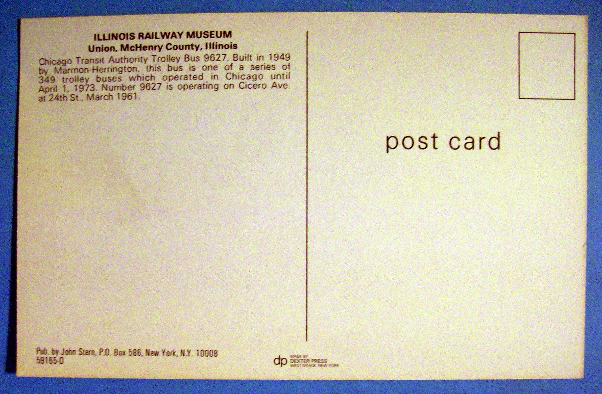 Chicago Transit Authority Trolley Bus 9627 Postcard