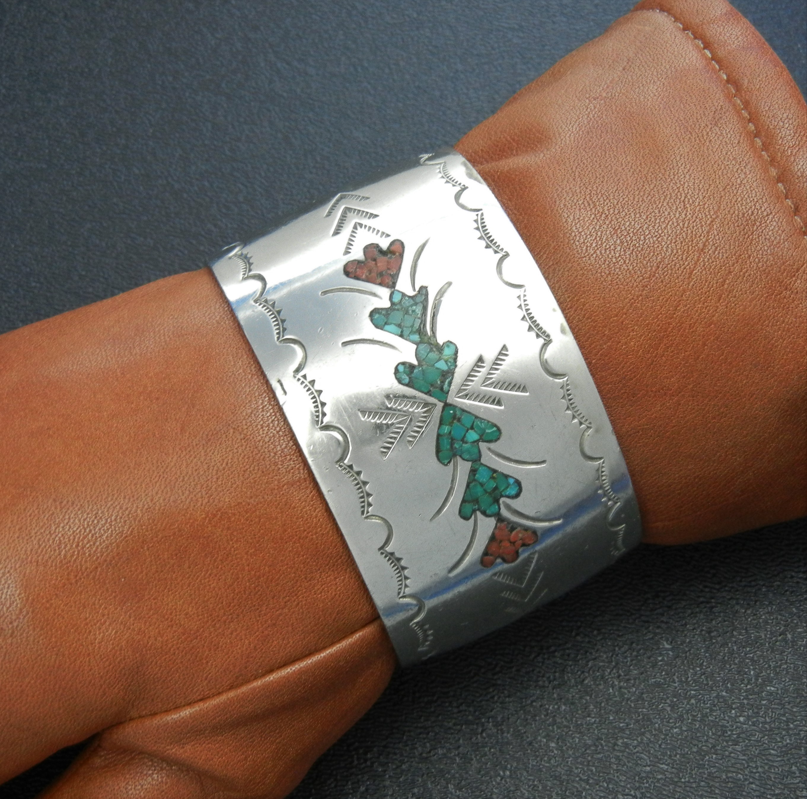 Chip Inlay Coral Turquoise Cuff Bracelet Navajo Silver