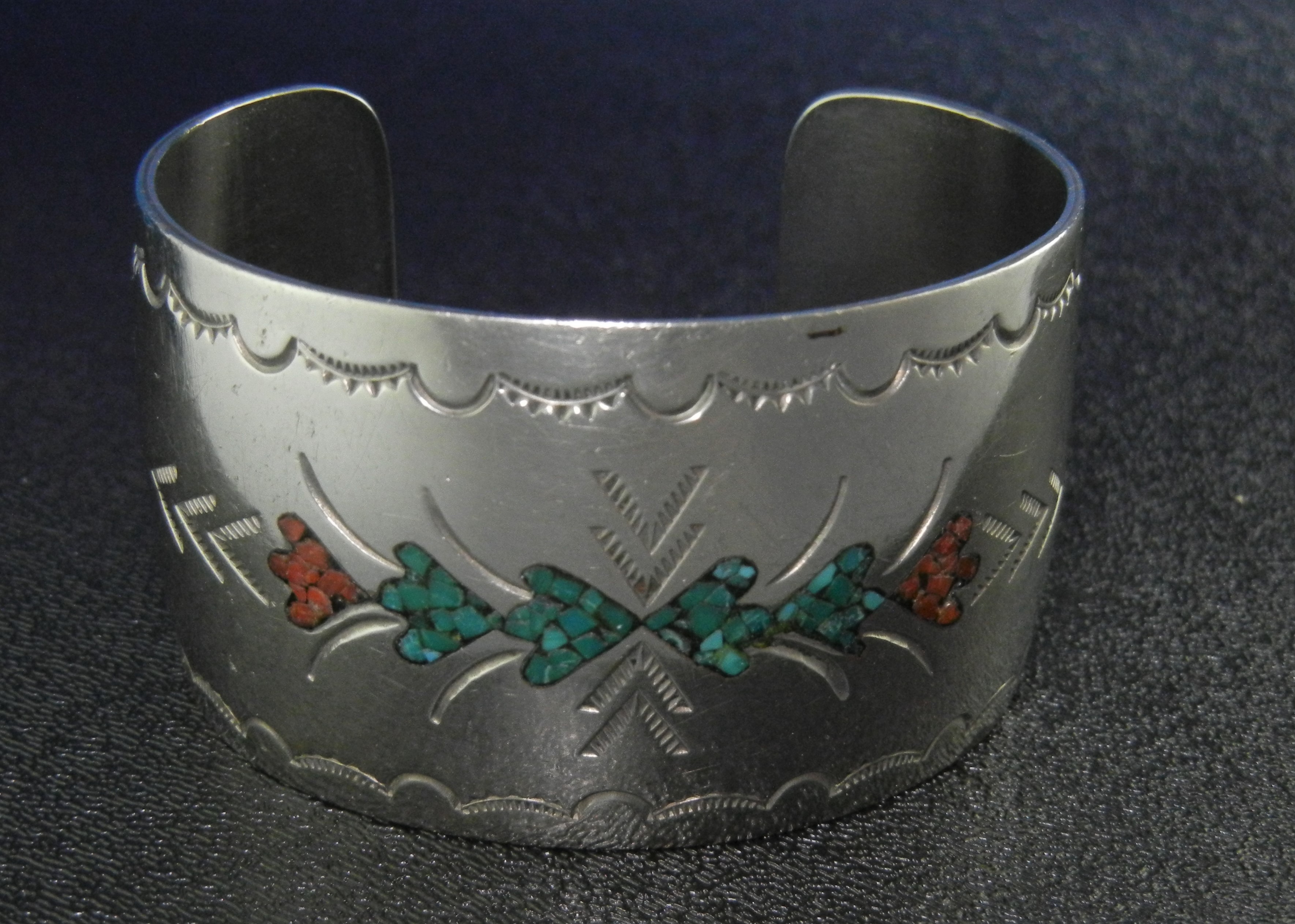 Chip Inlay Coral Turquoise Cuff Bracelet Navajo Silver
