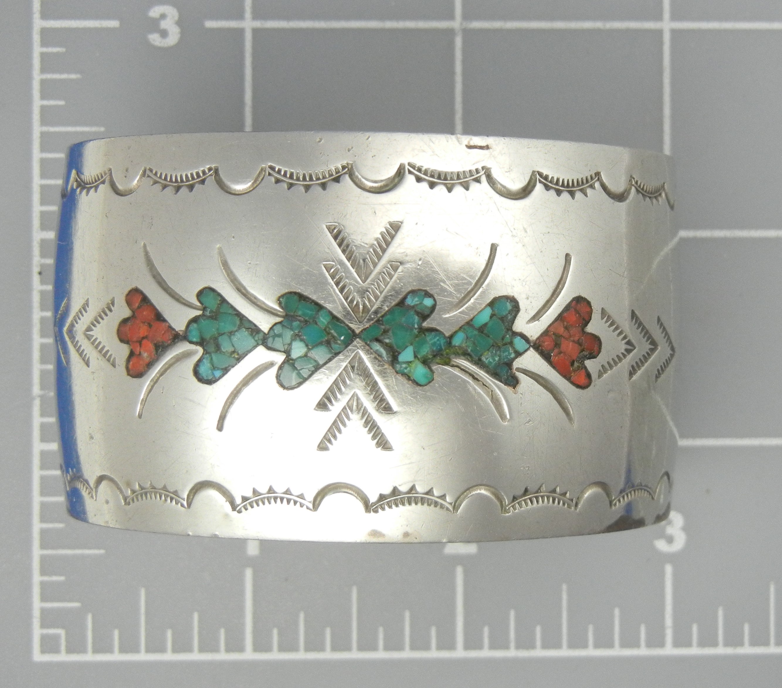 Chip Inlay Coral Turquoise Cuff Bracelet Navajo Silver