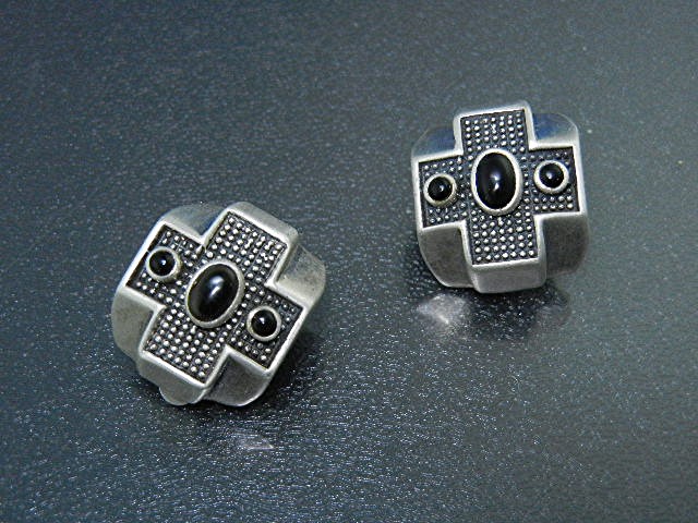 Sterling Silver Onyx Designer Signed Clip Earrings