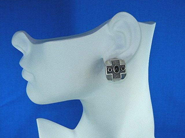 Sterling Silver Onyx Designer Signed Clip Earrings