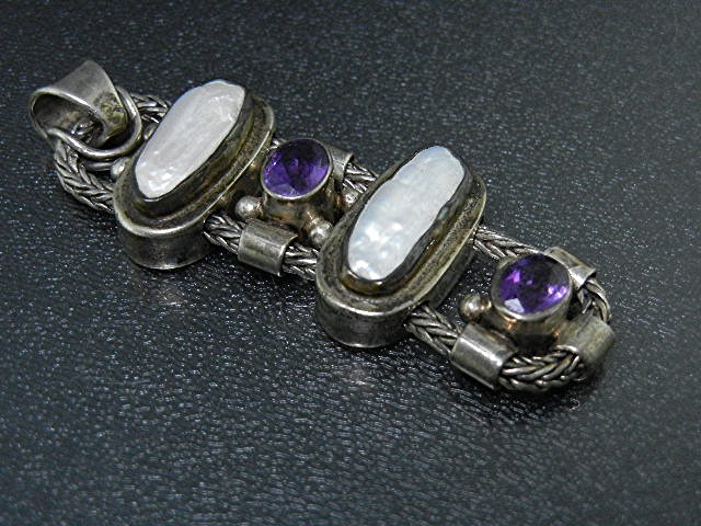 Sterling Silver Biwa Pearls Amethyst Pendant