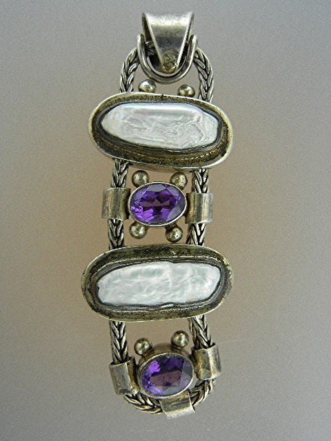 Sterling Silver Biwa Pearls Amethyst Pendant