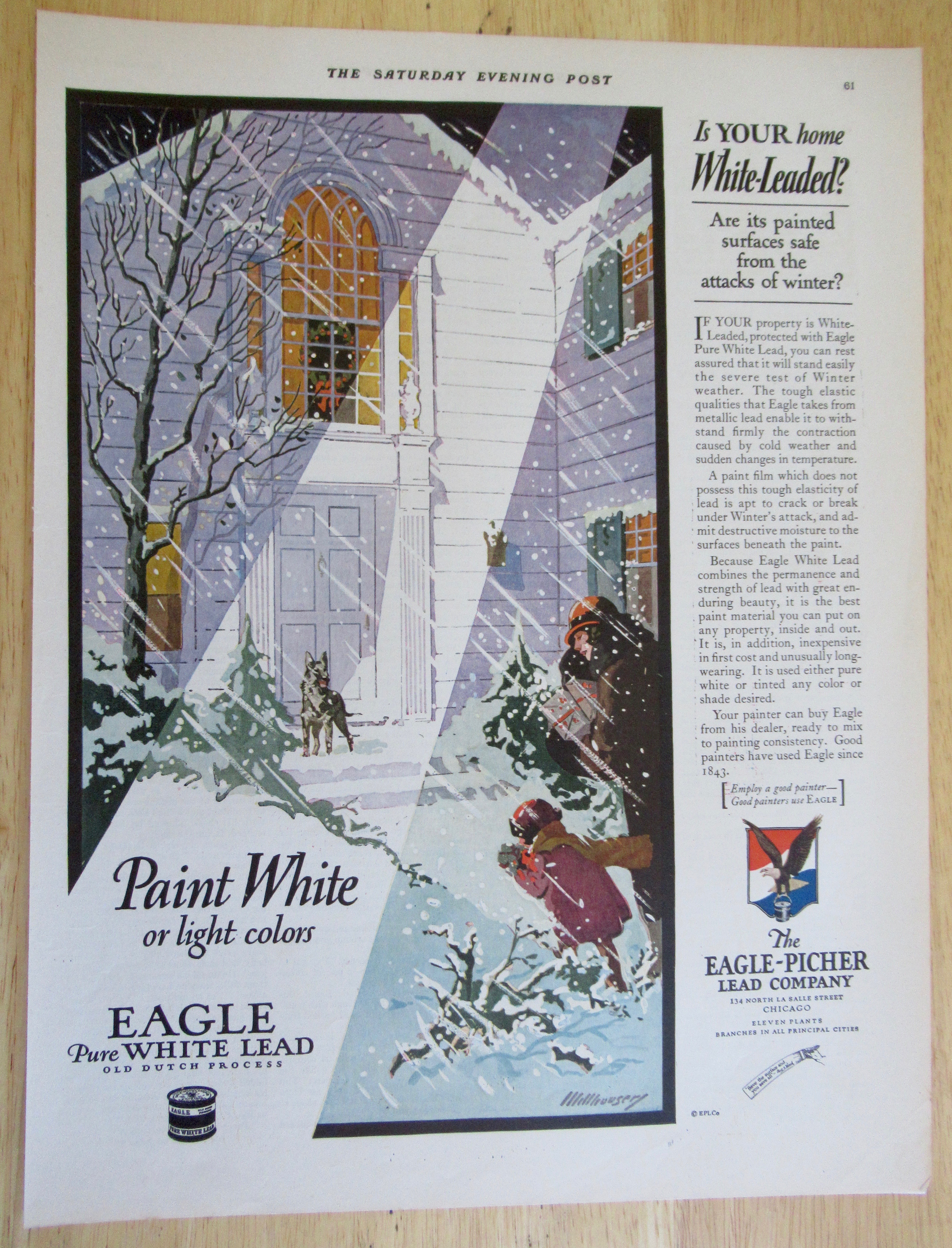 1926 Eagle Pure White Lead Paint with House in Winter