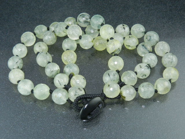 Rutilated Green Quartz 3 Strand Bracelet Onyx Clasp
