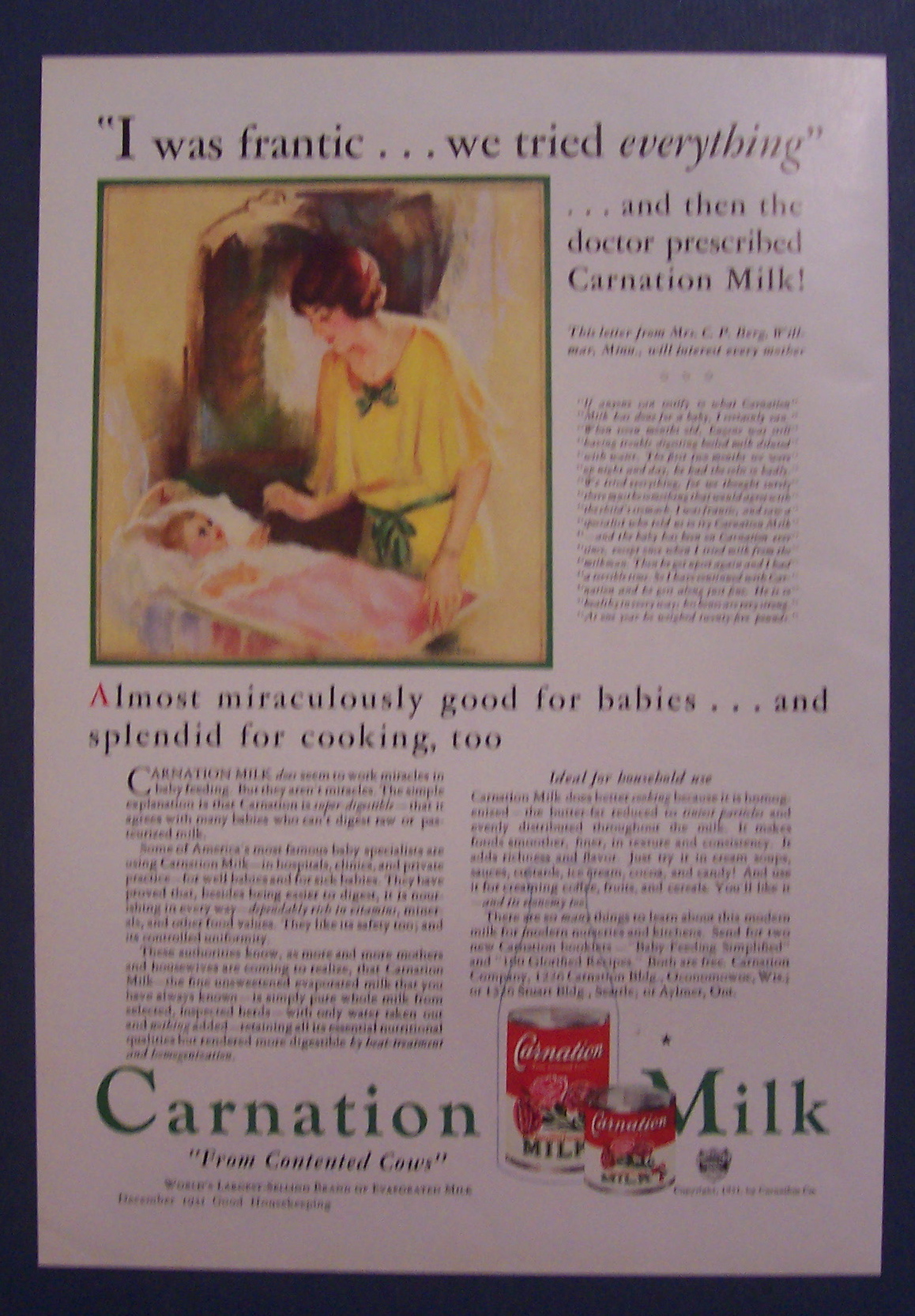 1931 Carnation Milk with Woman Rocking Baby In Crib