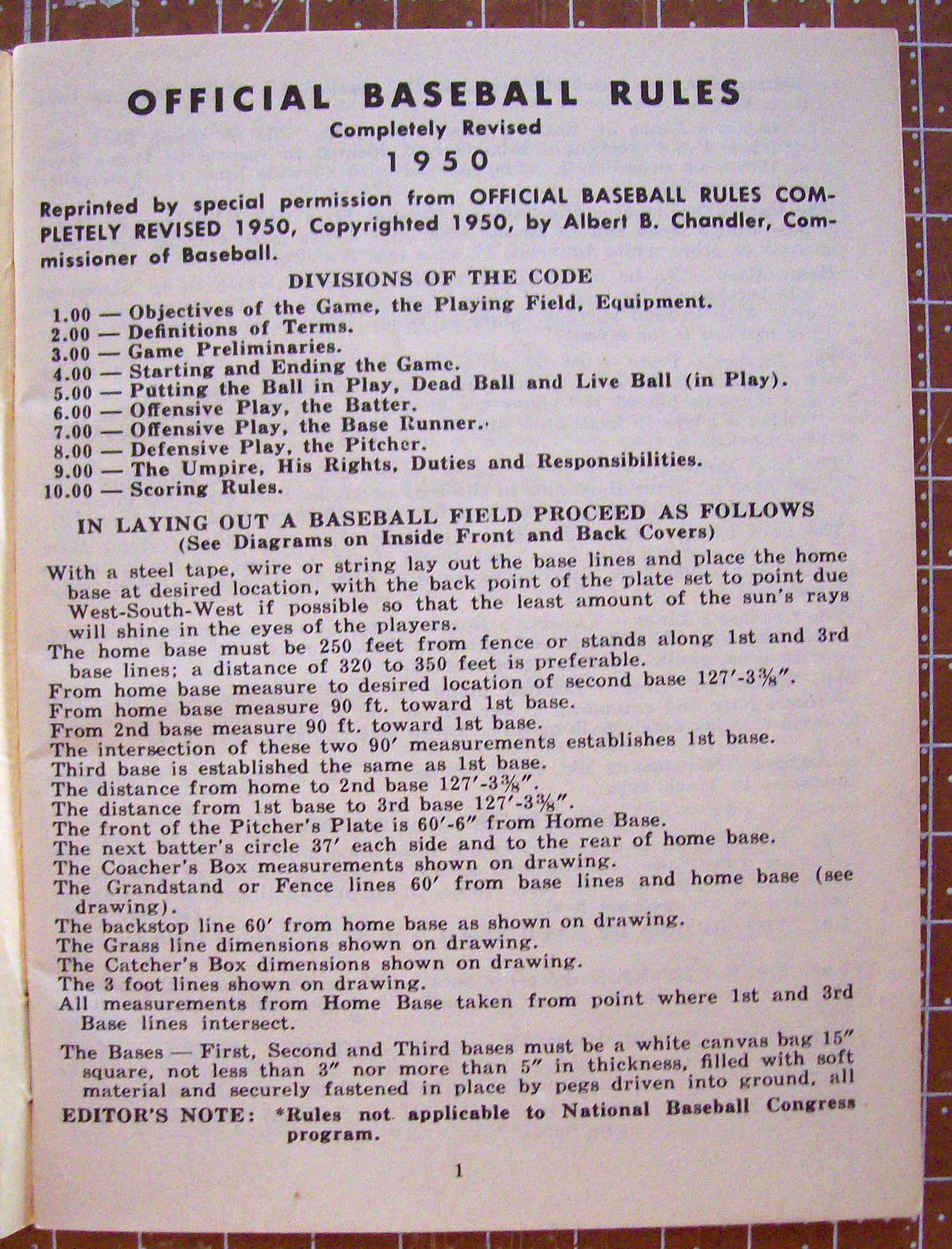Baseball Rules By Adirondack Bats 1950