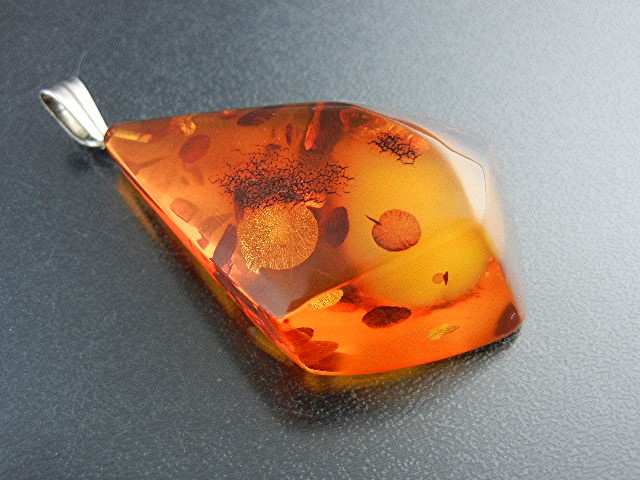 Baltic Amber Bugs Leaves Silver Large Pendant