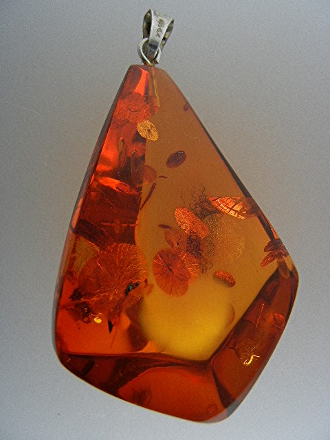 Baltic Amber Bugs Leaves Silver Large Pendant