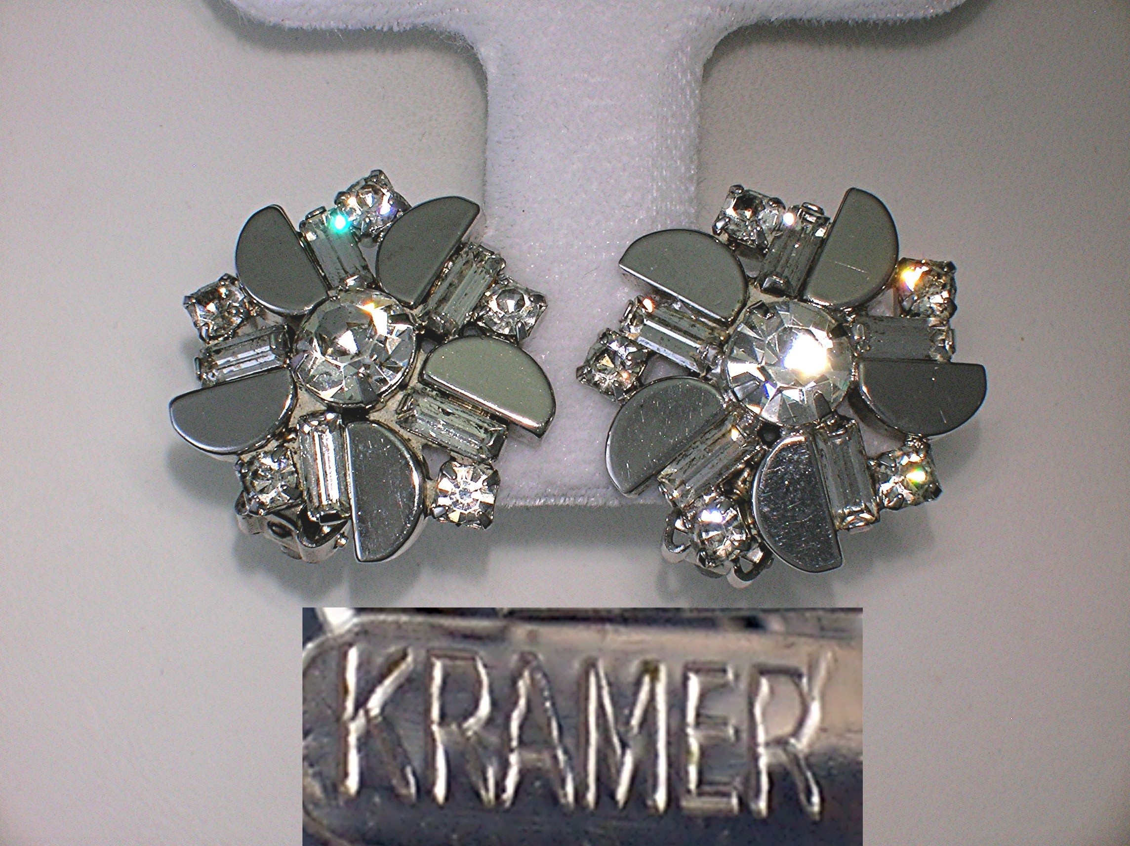 Earrings KRAMER Round Crystal and  Bagette  Silver Clip