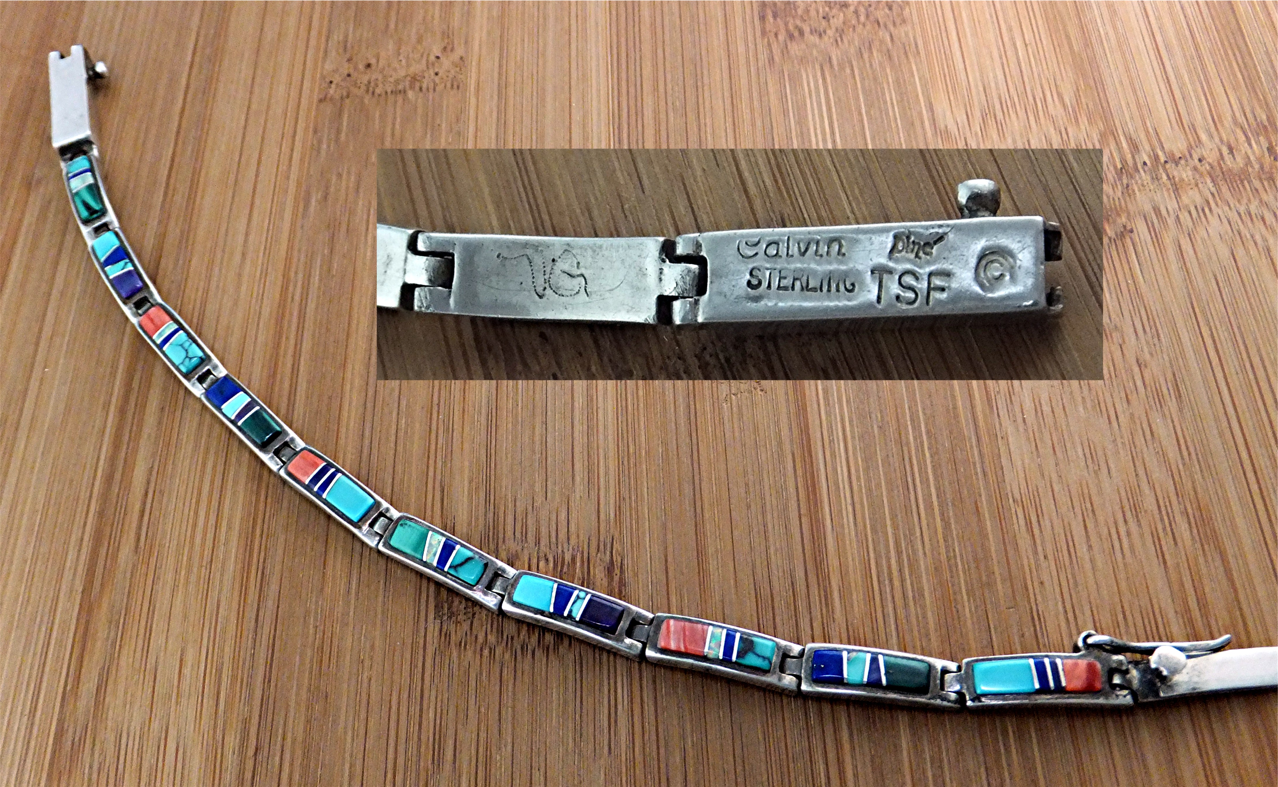 CALVIN BEGAY Sterling Silver Turquoise Opal Inlay Brace