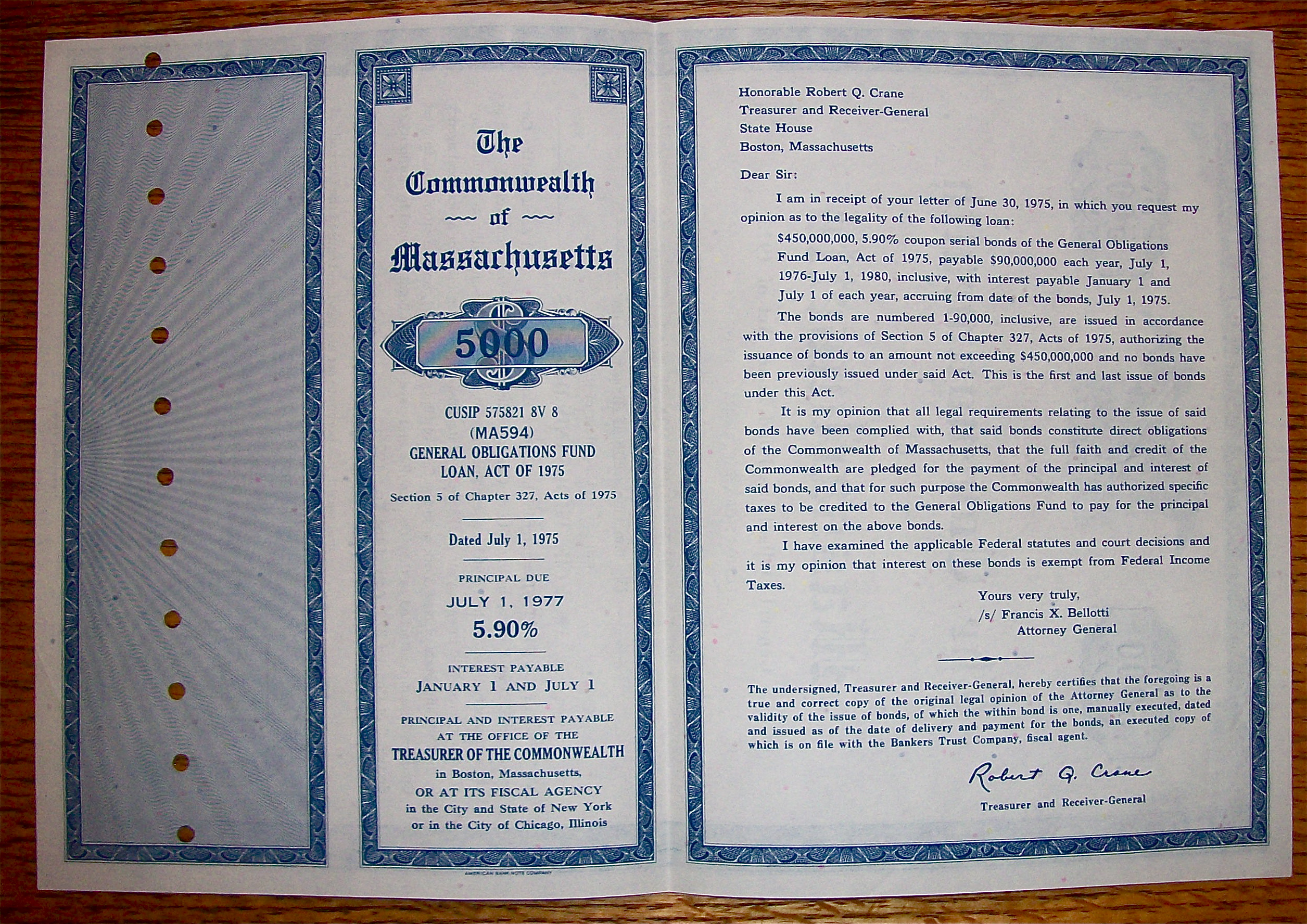 1975 Commonwealth Of Massachusetts $5000 Bond