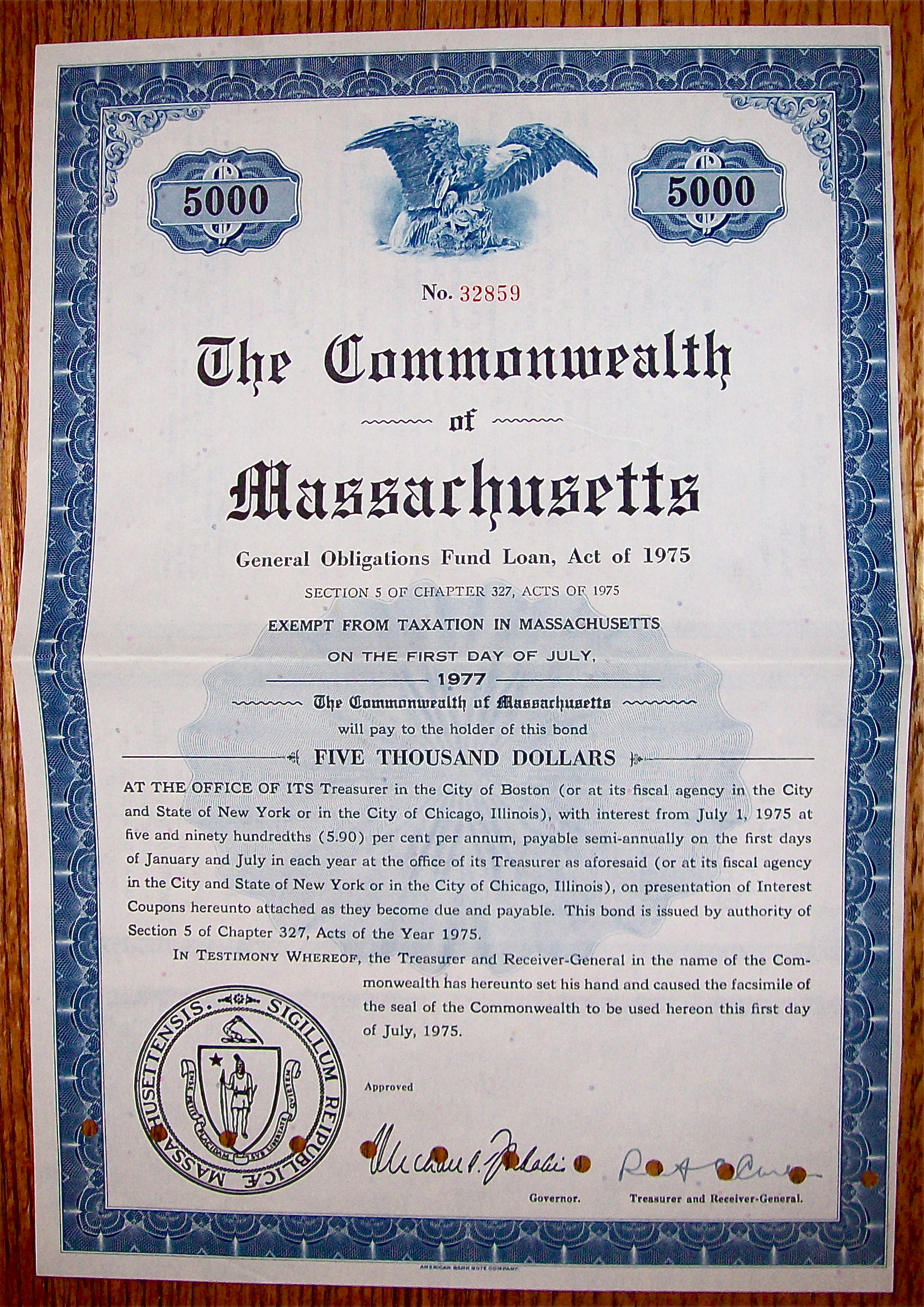 1975 Commonwealth Of Massachusetts $5000 Bond