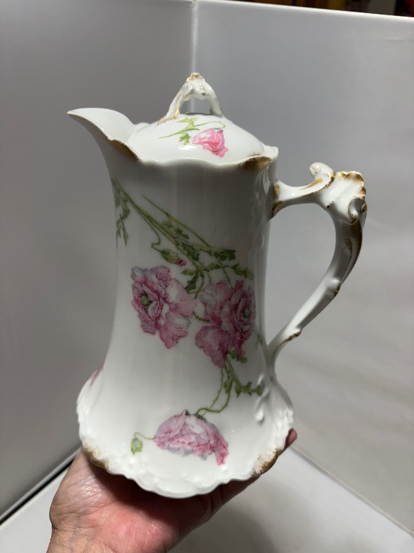 Hot Chocolate Pot Limoges France Pink Poppy Flower Detail with Gold Trim