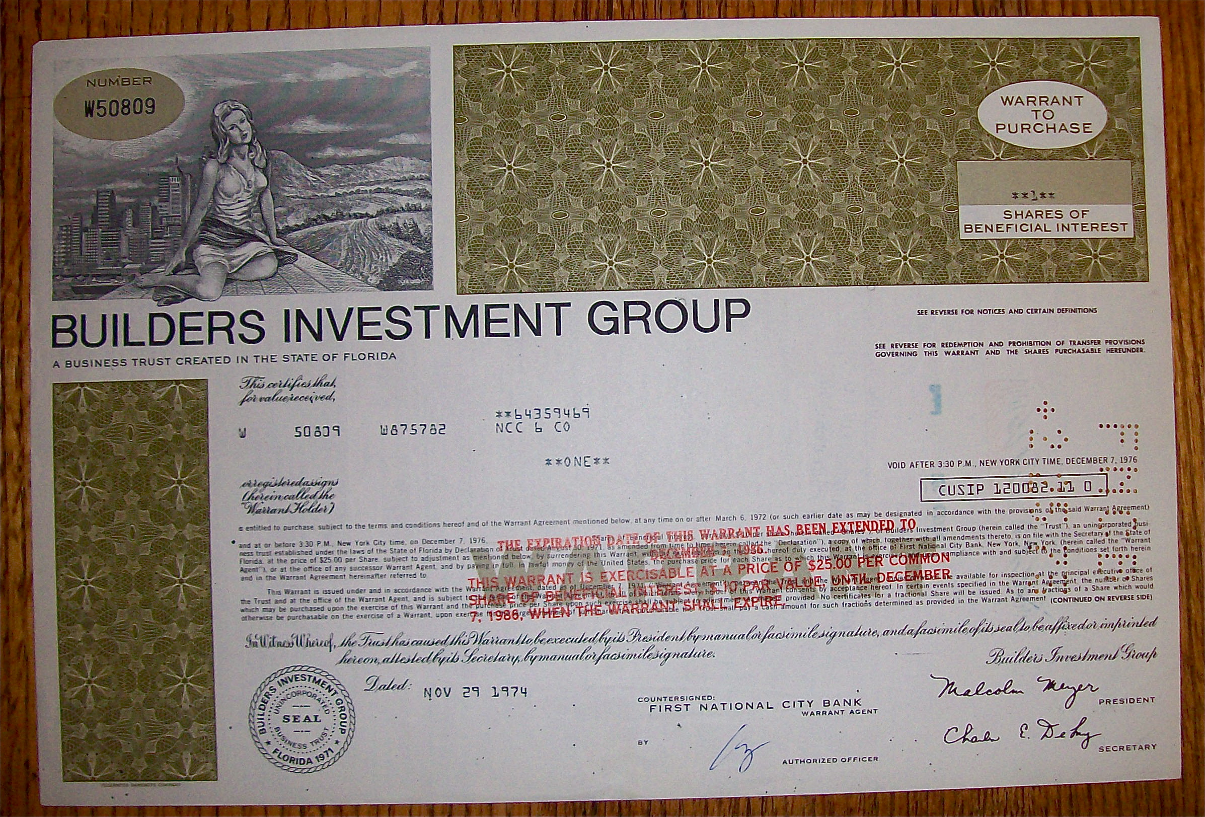 1974 Builders Investment Group Warrant
