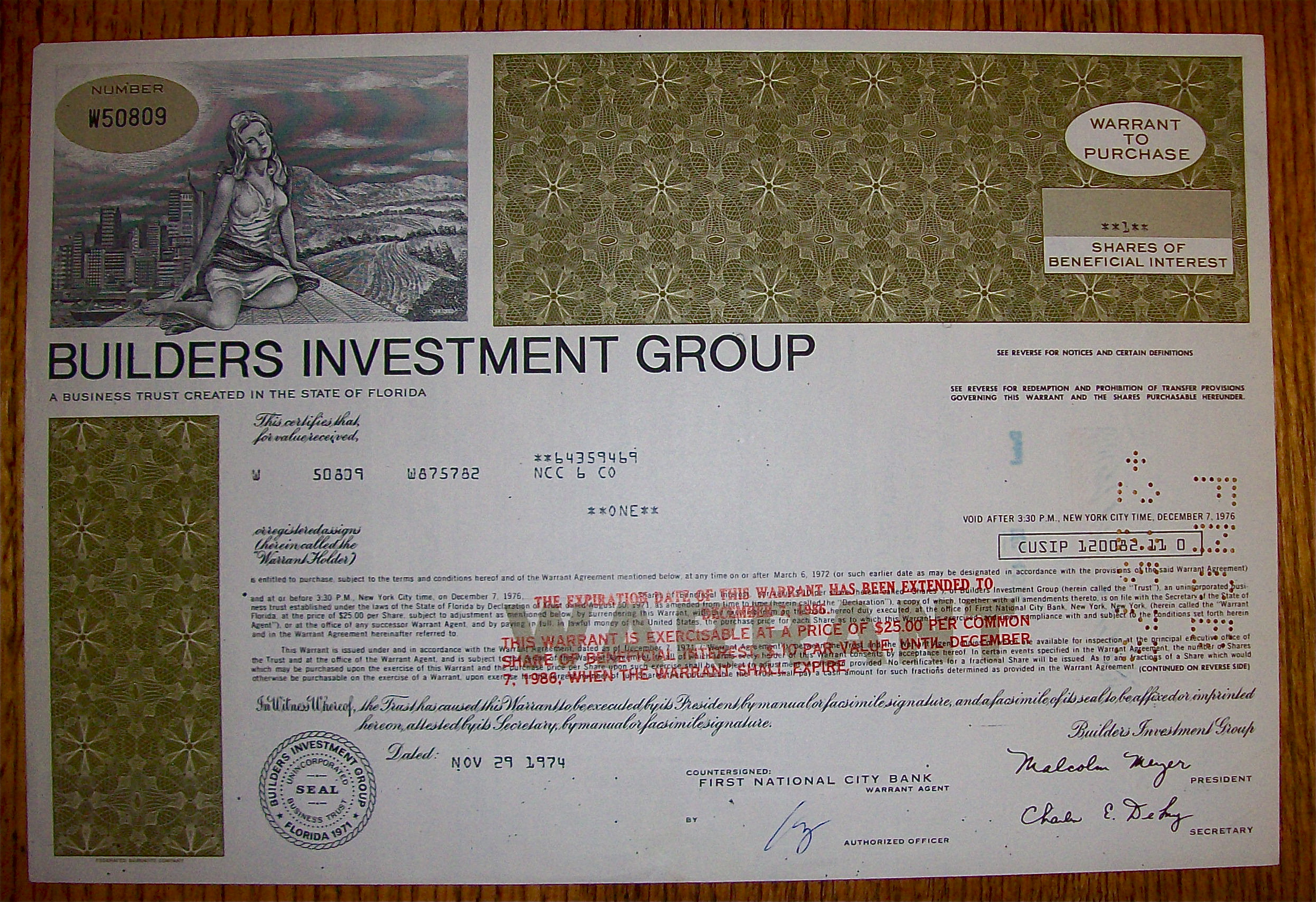1974 Builders Investment Group Warrant