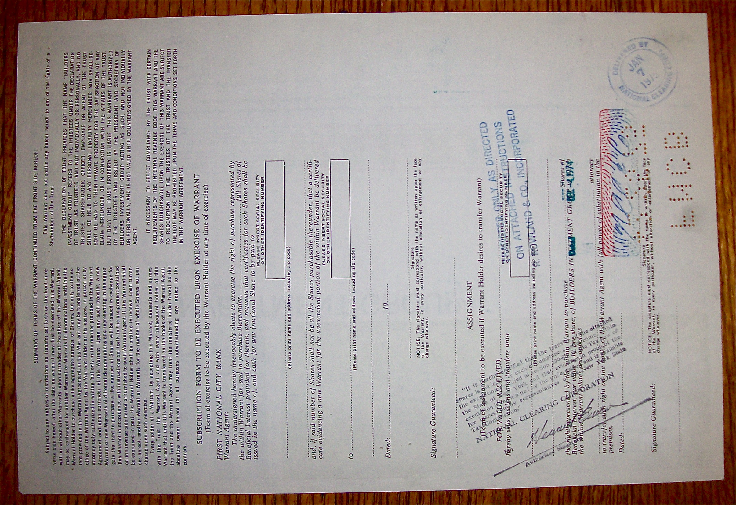 1974 Builders Investment Group Warrant