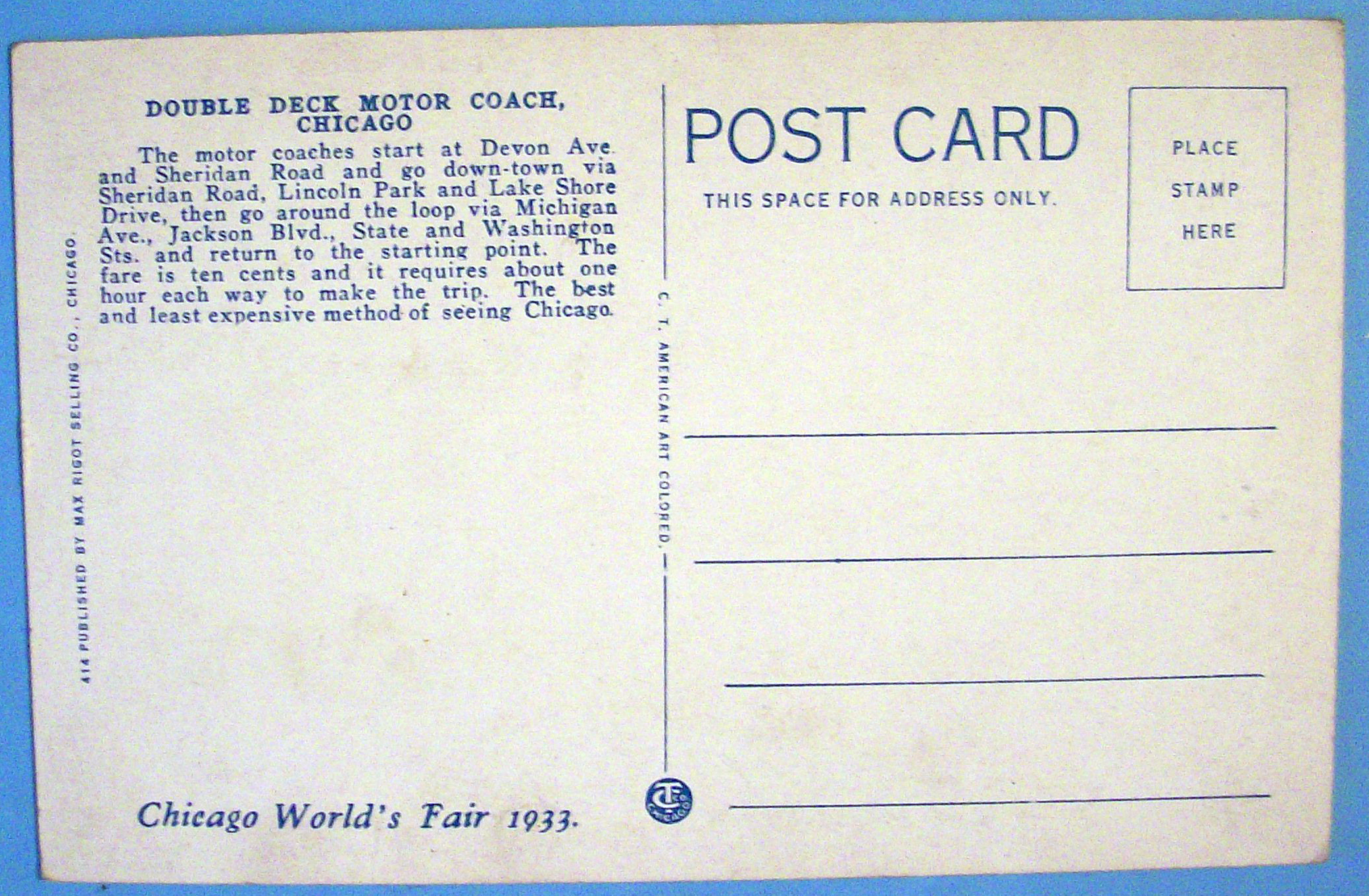 1933 Century of Progress, Double Deck Bus Postcard