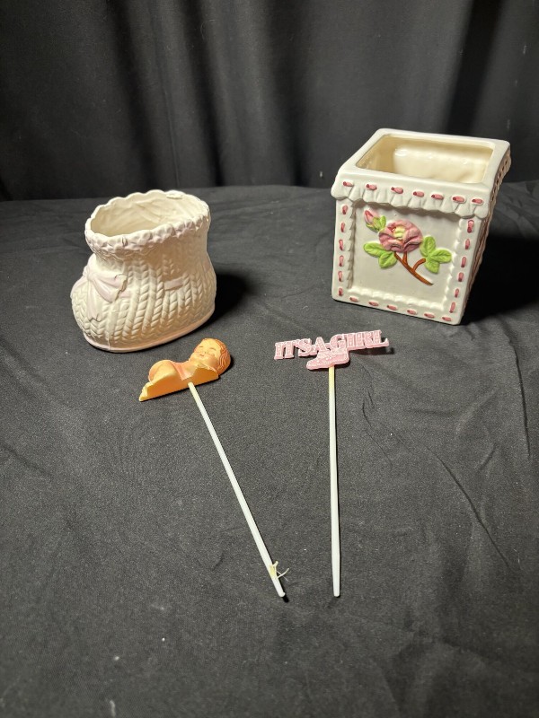Vintage Ceramic Baby Shower Decor Set: Baby Shoe Planter, Block Planter, and 'It's a Girl' Toppers