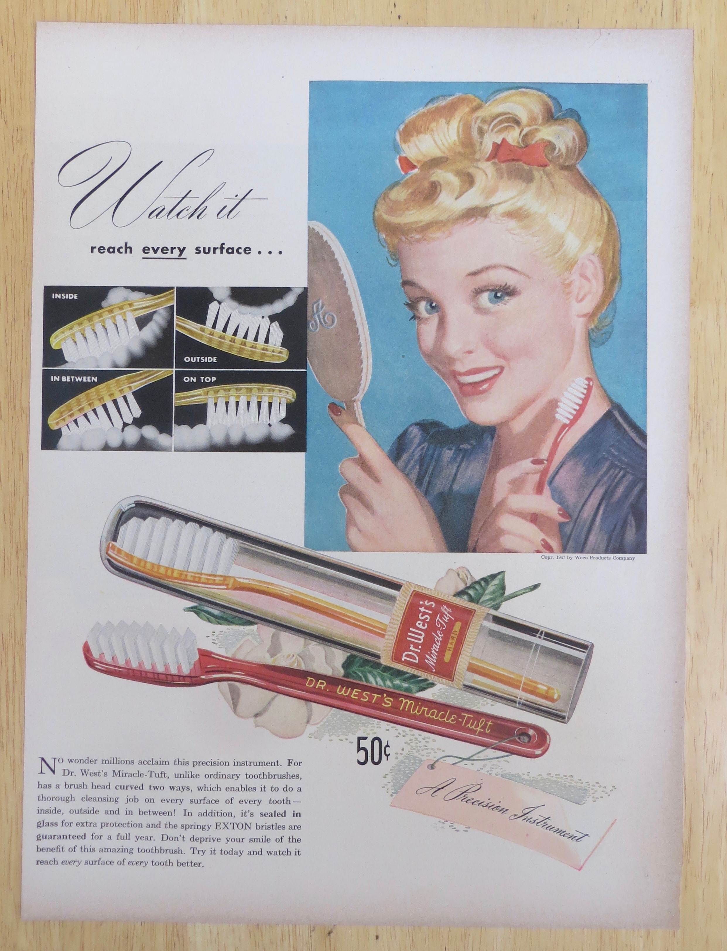 1947 Dr. West Toothbrushes with Woman Smiling in Mirror