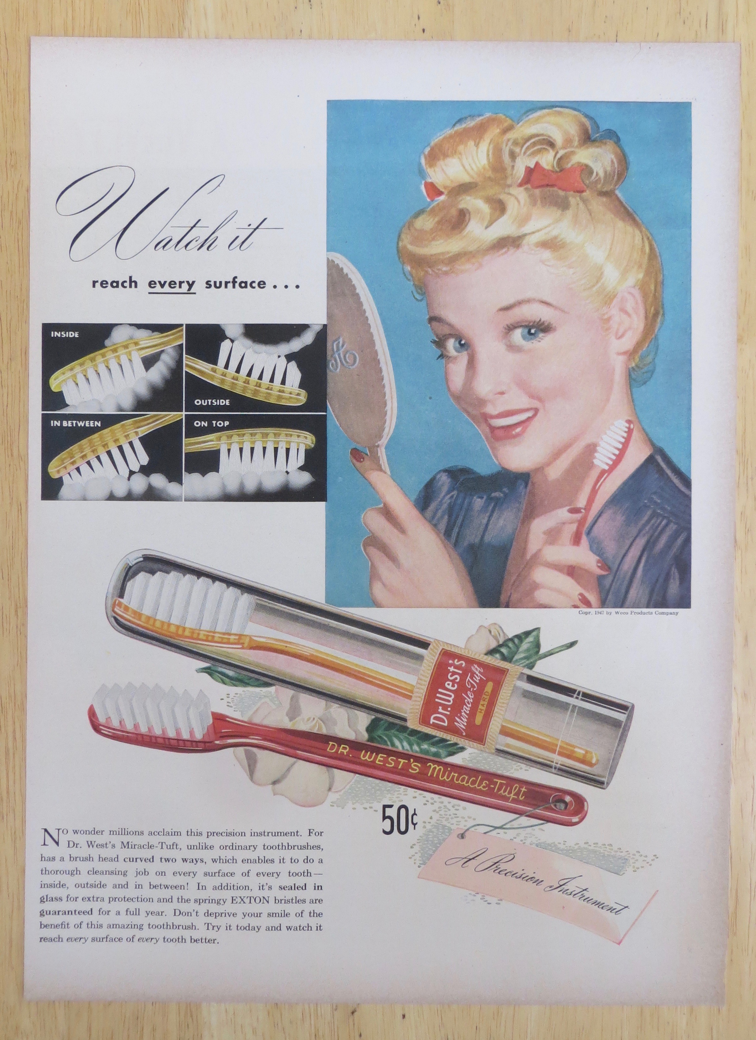 1947 Dr. West Toothbrushes with Woman Smiling in Mirror