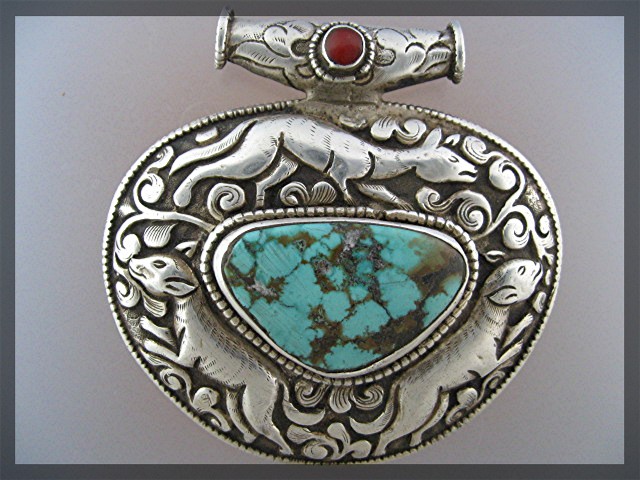 Pendant Sterling Silver Turquoise Coral Animals Nepal