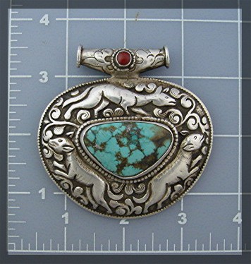 Pendant Sterling Silver Turquoise Coral Animals Nepal