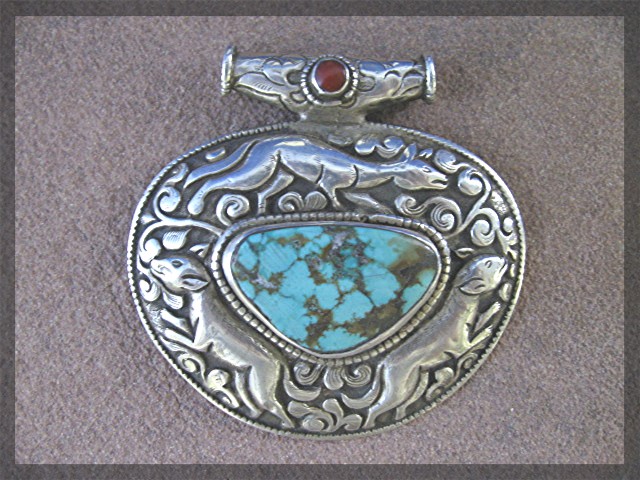 Pendant Sterling Silver Turquoise Coral Animals Nepal