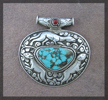 Pendant Sterling Silver Turquoise Coral Animals Nepal