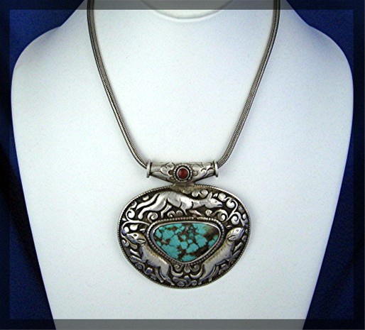 Pendant Sterling Silver Turquoise Coral Animals Nepal