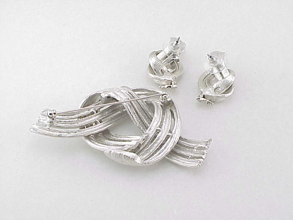 Brushed Silver Tone Love Knot Brooch And Pierced Earrings Set