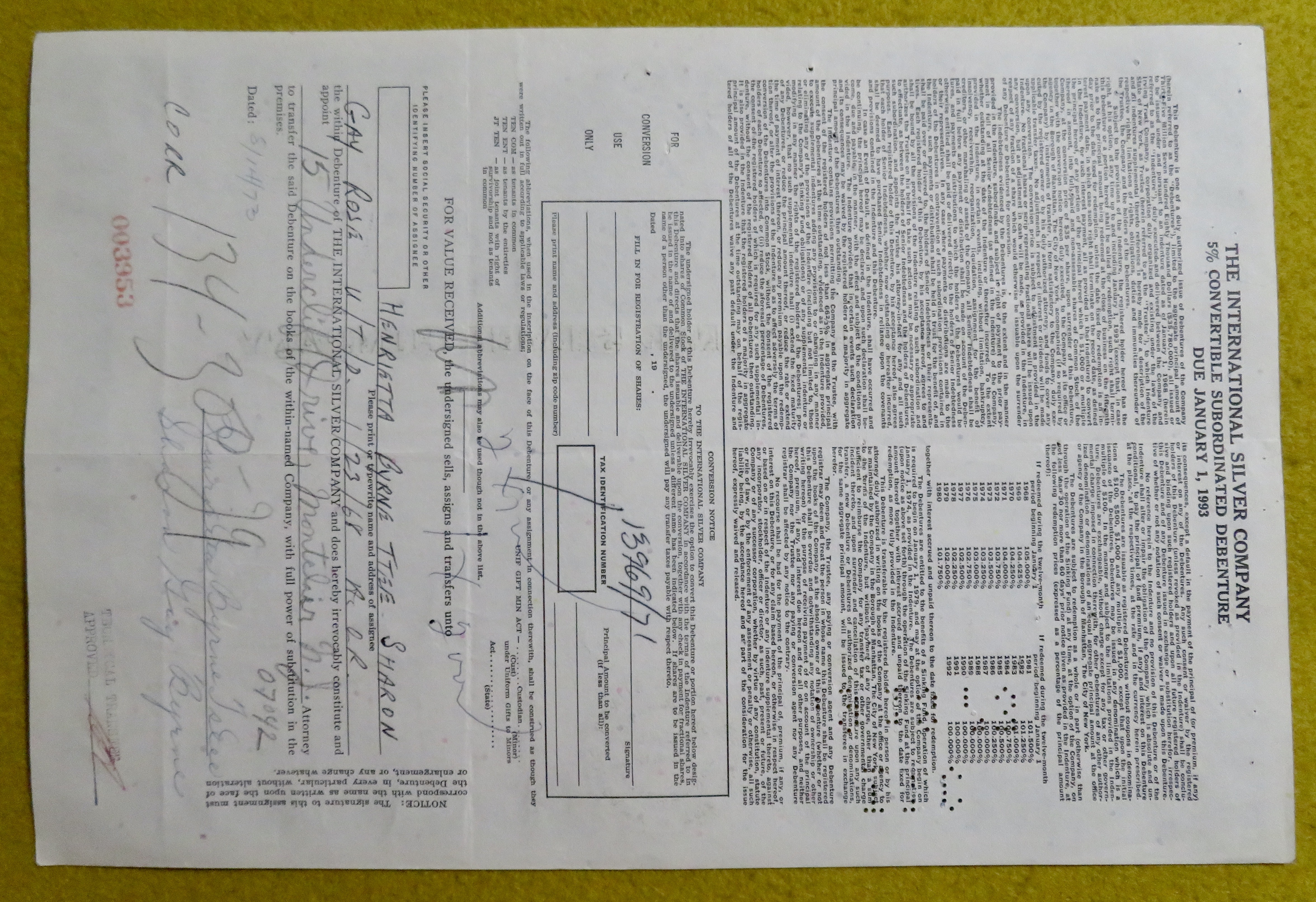 Stock Certificate August 14, 1968 International Silver