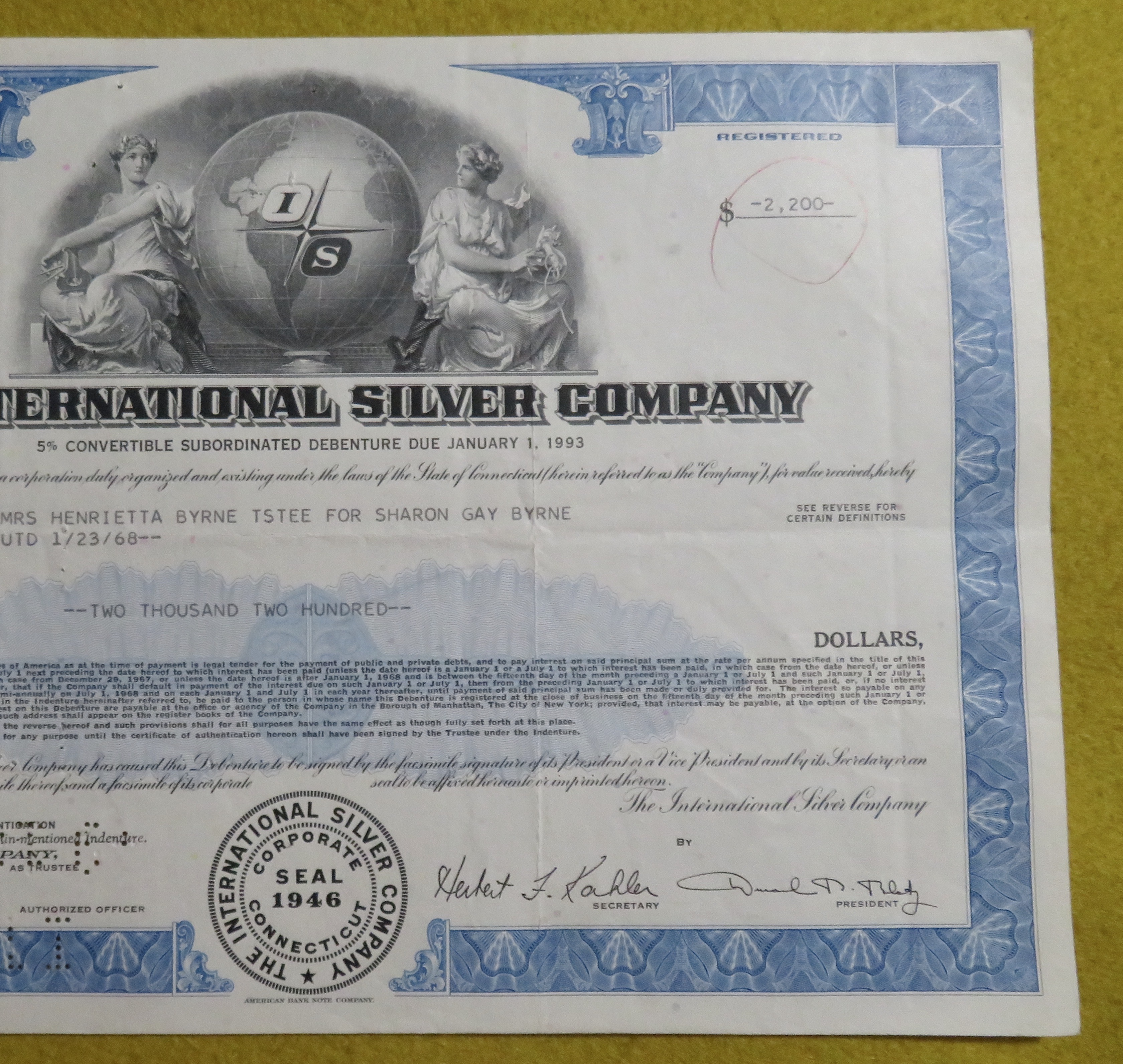 Stock Certificate August 14, 1968 International Silver