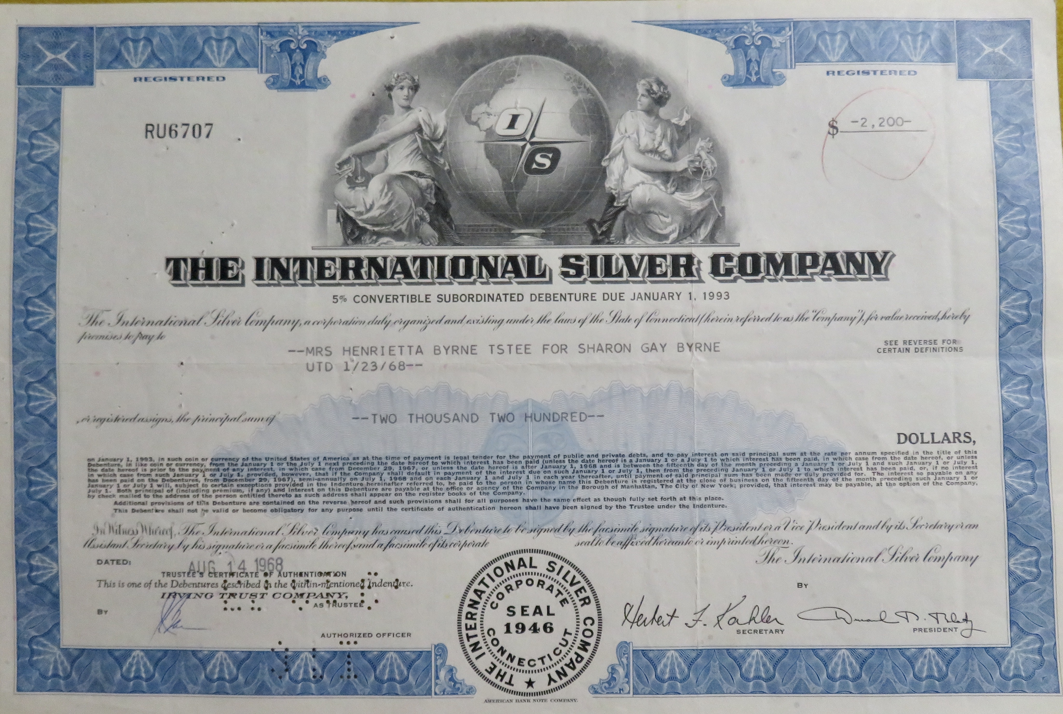 Stock Certificate August 14, 1968 International Silver