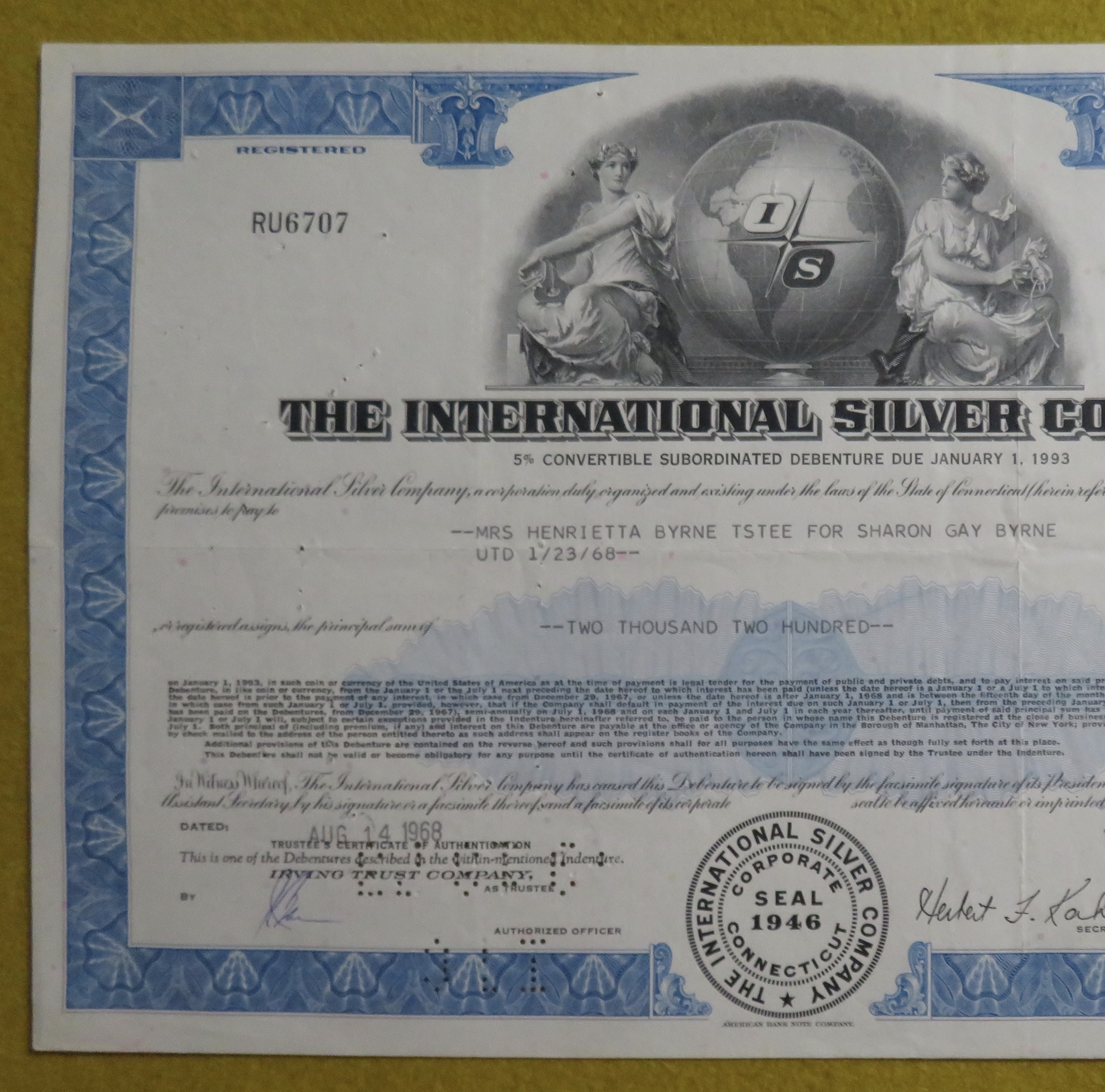 Stock Certificate August 14, 1968 International Silver