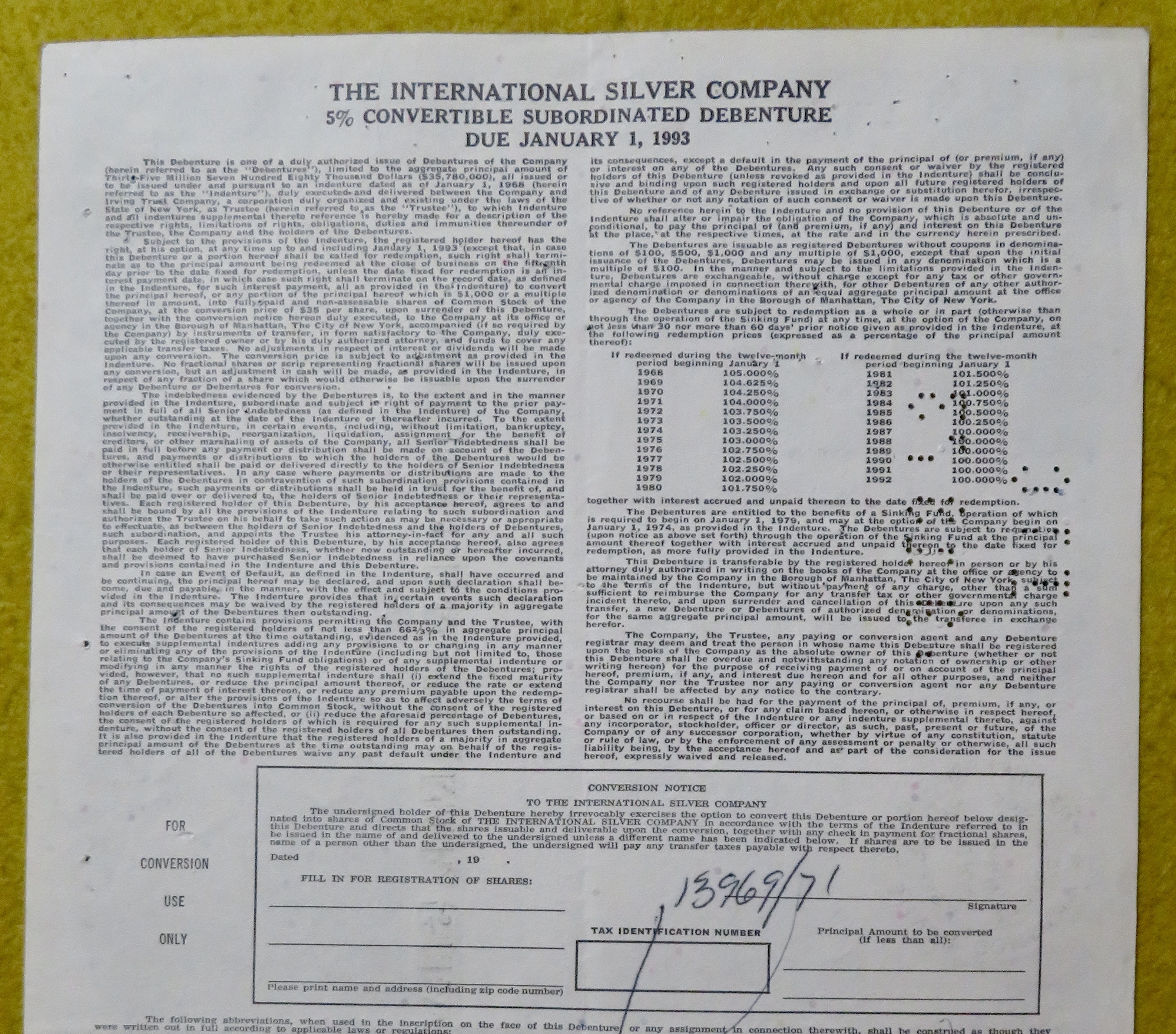 Stock Certificate August 14, 1968 International Silver