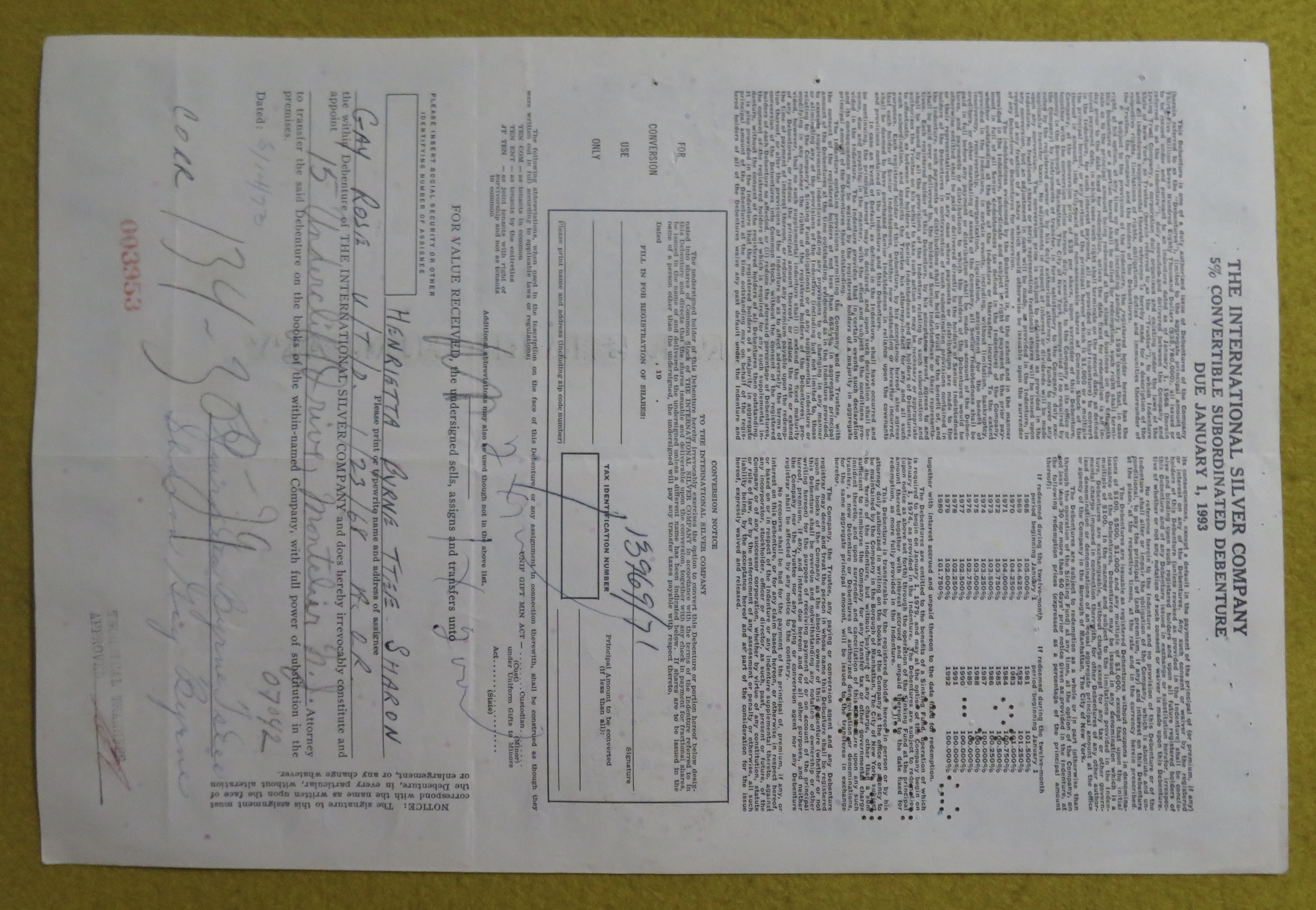 Stock Certificate August 14, 1968 International Silver