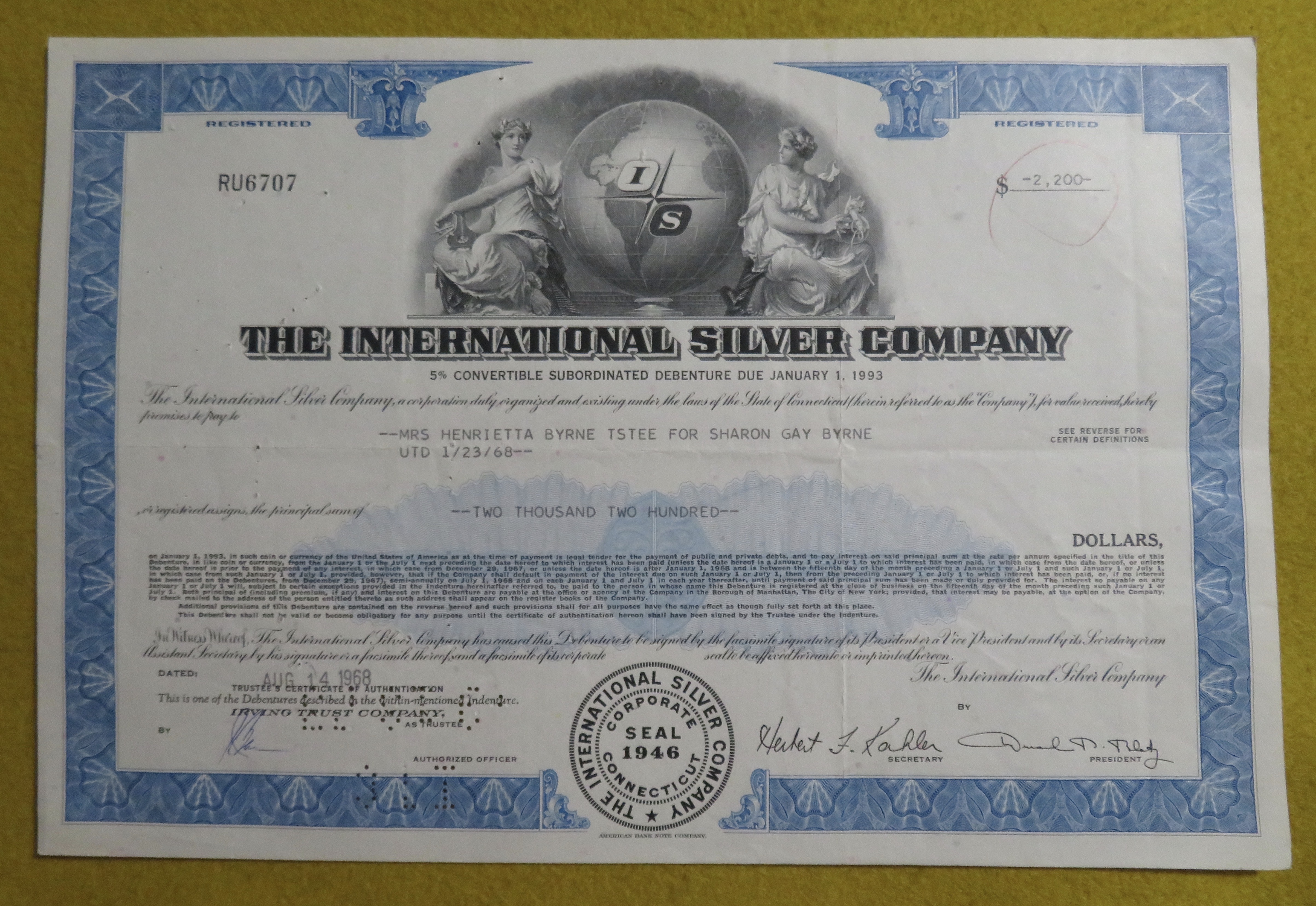 Stock Certificate August 14, 1968 International Silver
