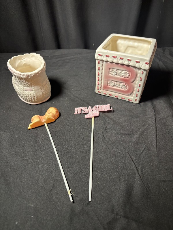 Vintage Ceramic Baby Shower Decor Set: Baby Shoe Planter, Block Planter, and 'It's a Girl' Toppers