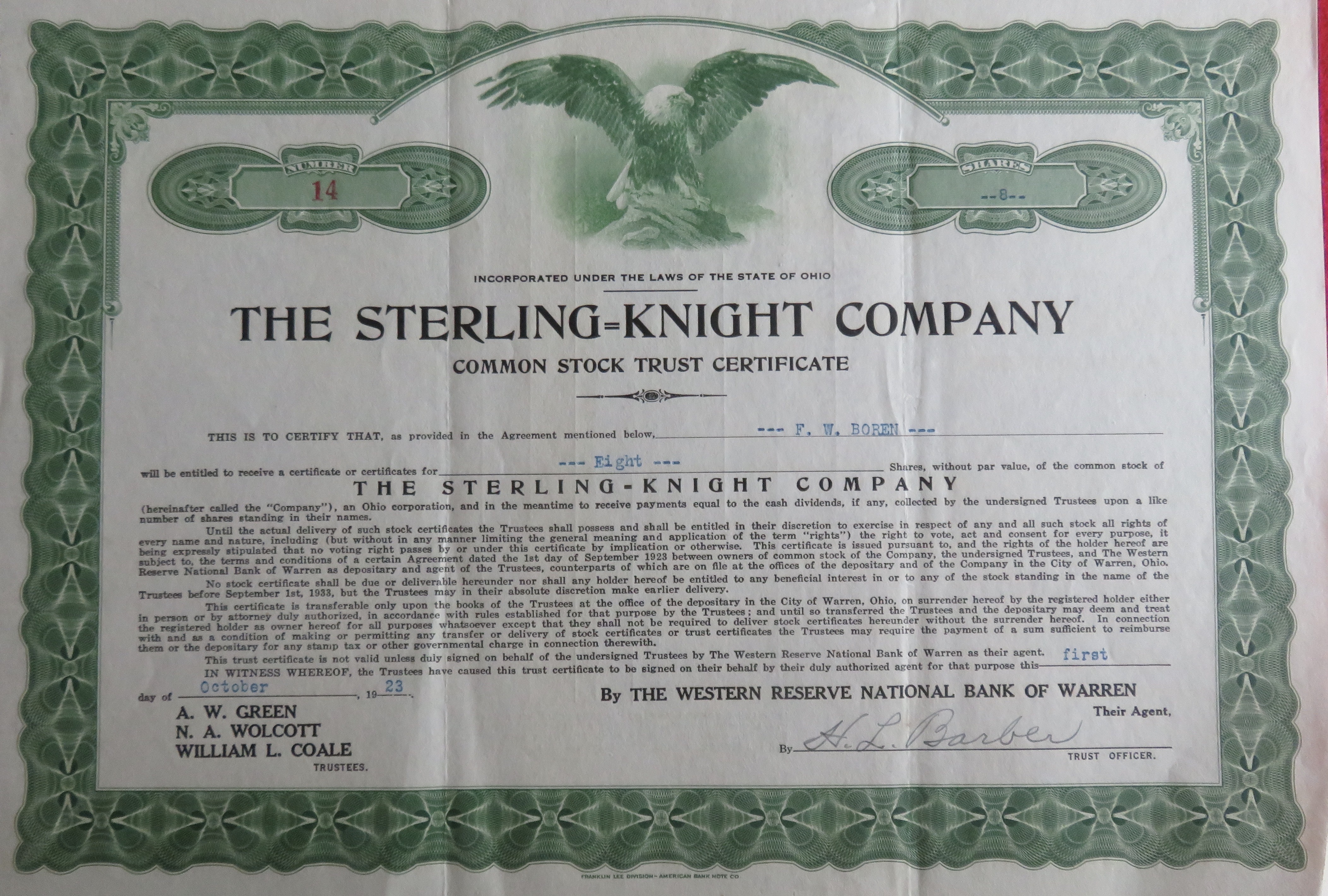 1923 The Sterling Knight Company Stock Certificate