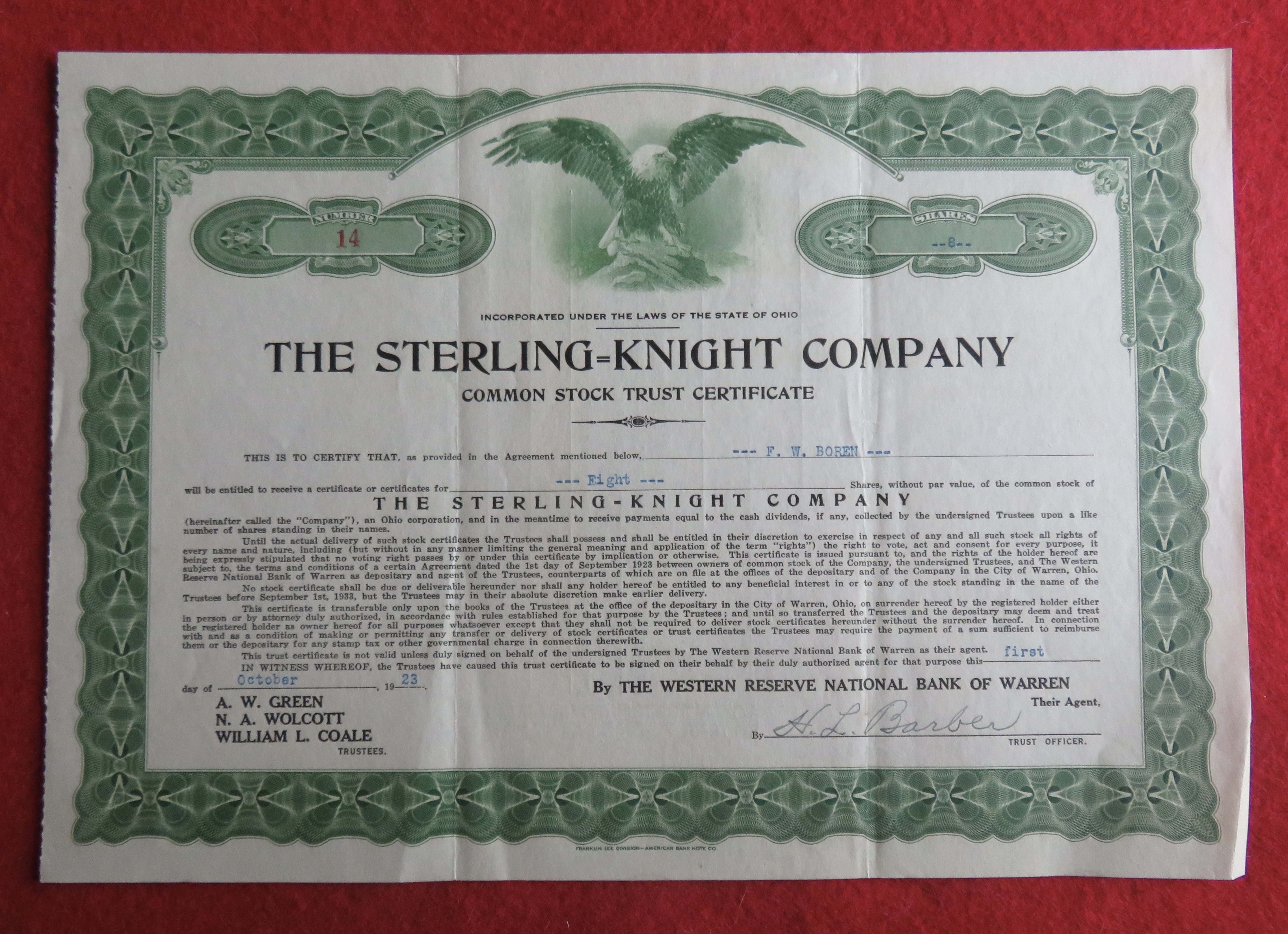 1923 The Sterling Knight Company Stock Certificate