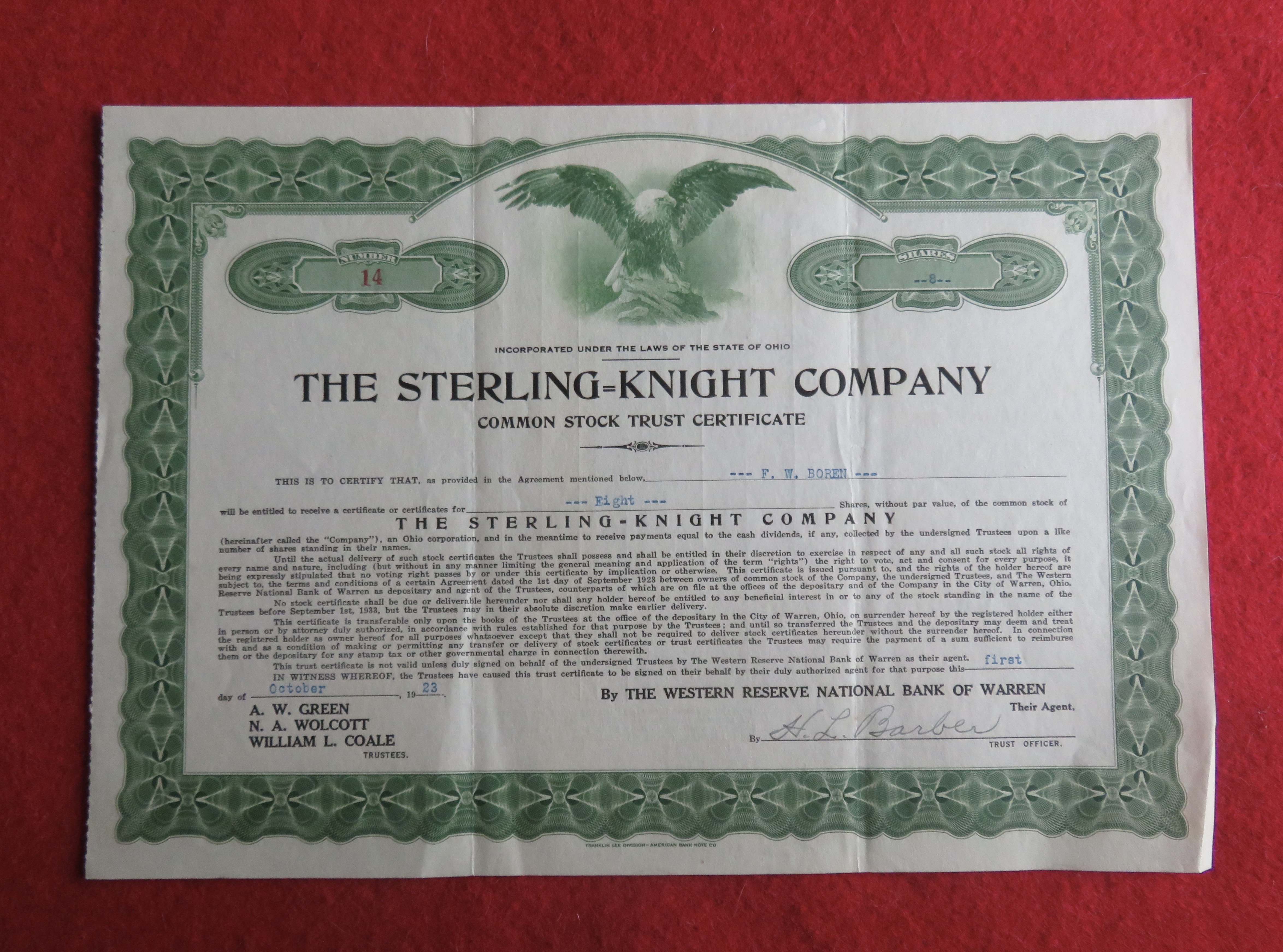 1923 The Sterling Knight Company Stock Certificate