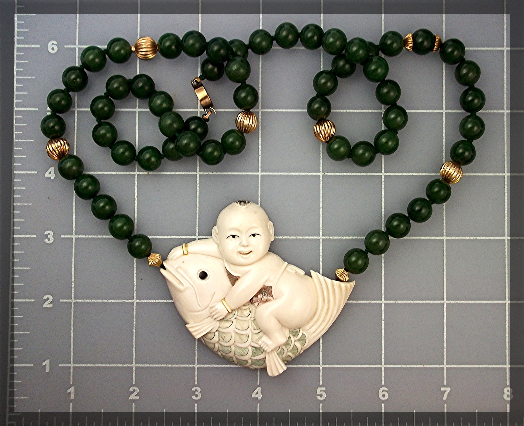14K Gold  Baby with Fish Ivory and Jade Beads Necklace