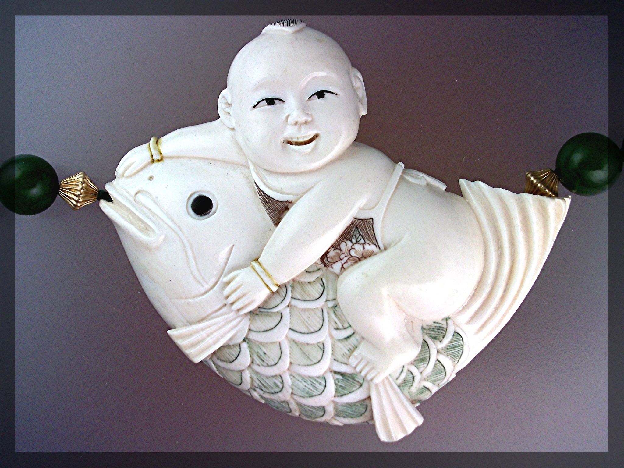 14K Gold  Baby with Fish Ivory and Jade Beads Necklace