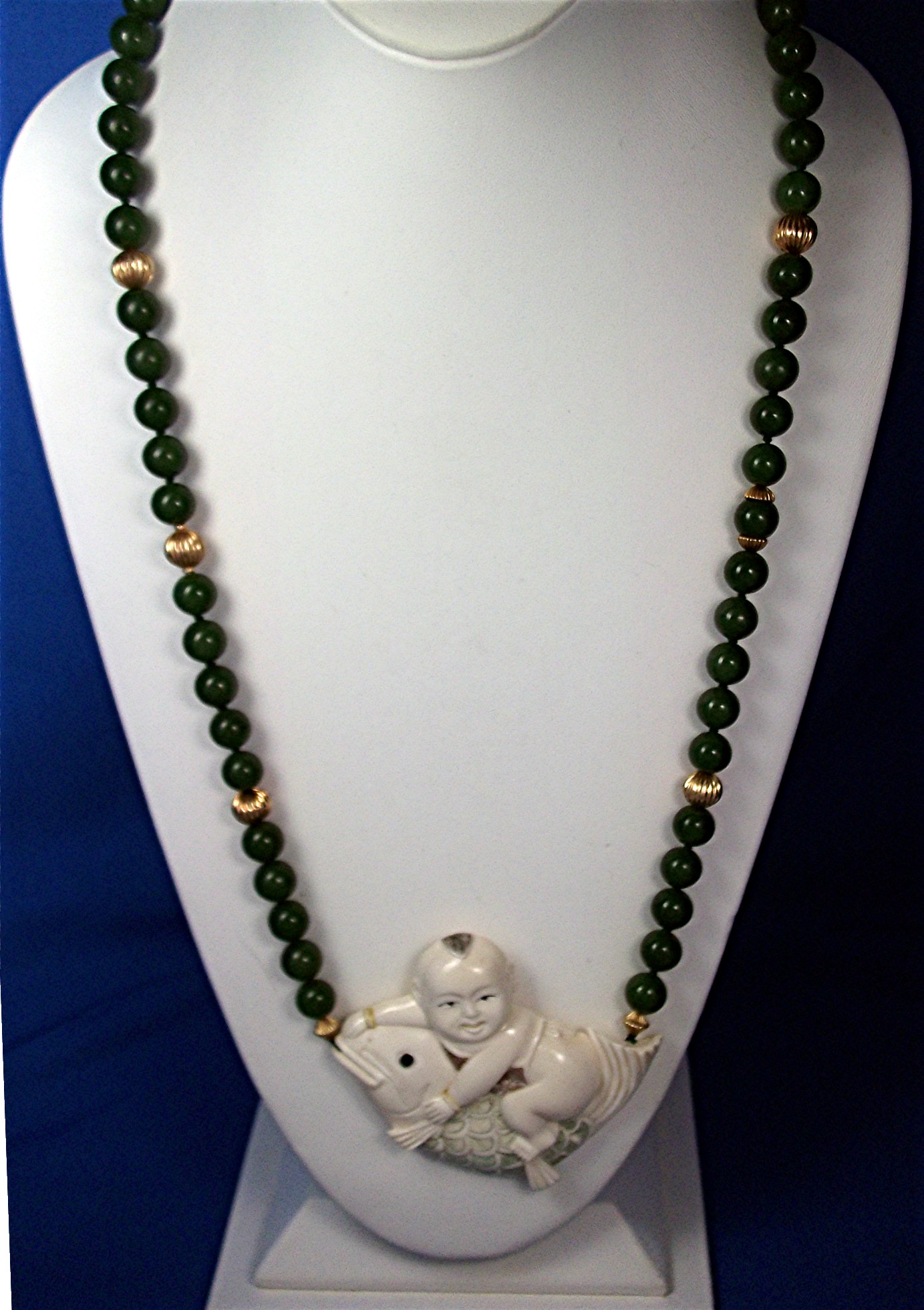 14K Gold  Baby with Fish Ivory and Jade Beads Necklace