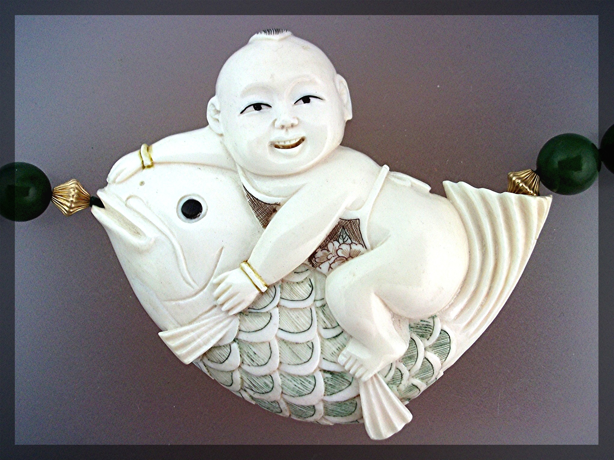 14K Gold  Baby with Fish Ivory and Jade Beads Necklace