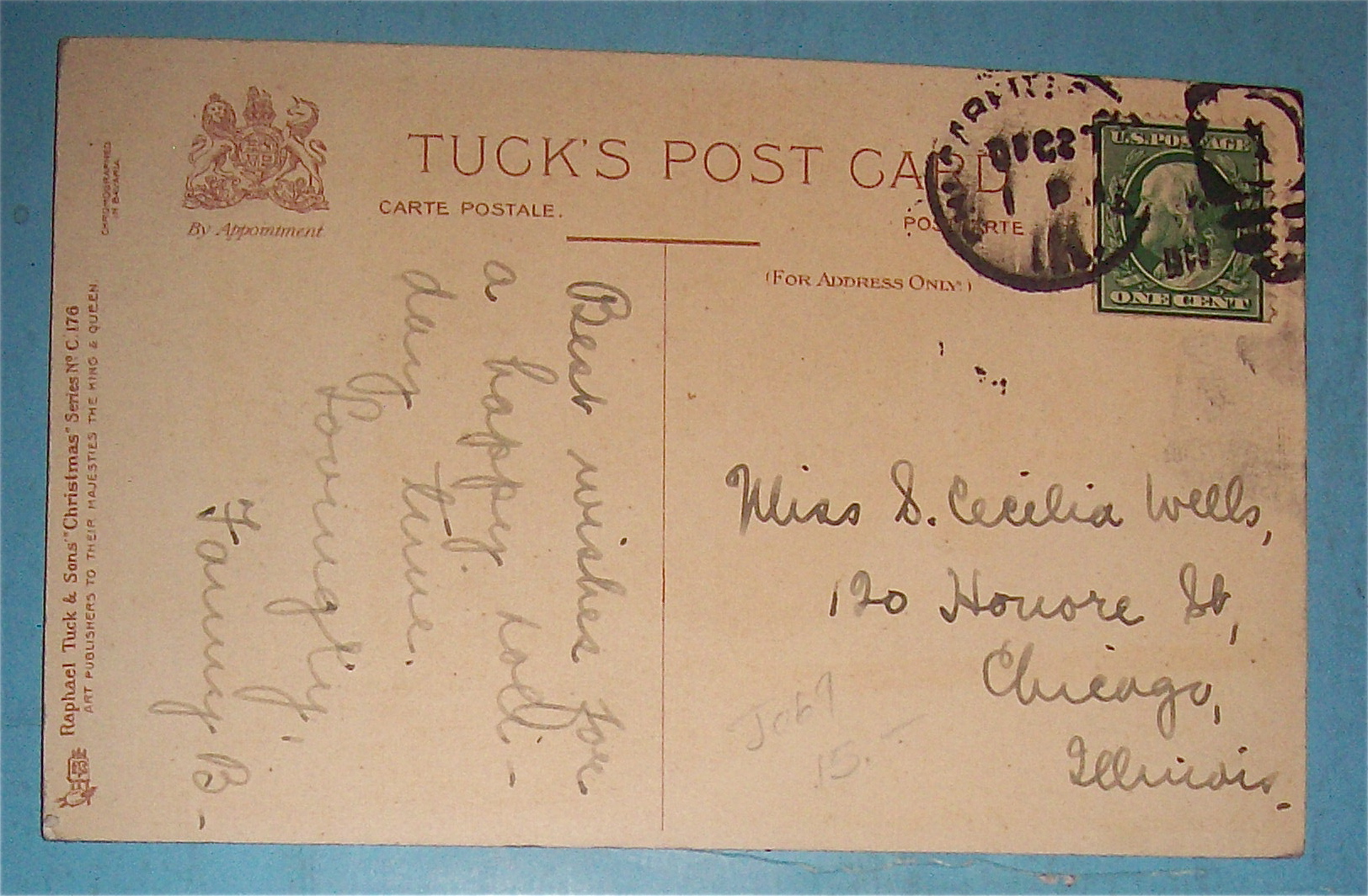 Christmas Greetings Postcard w/Man Holding Cane